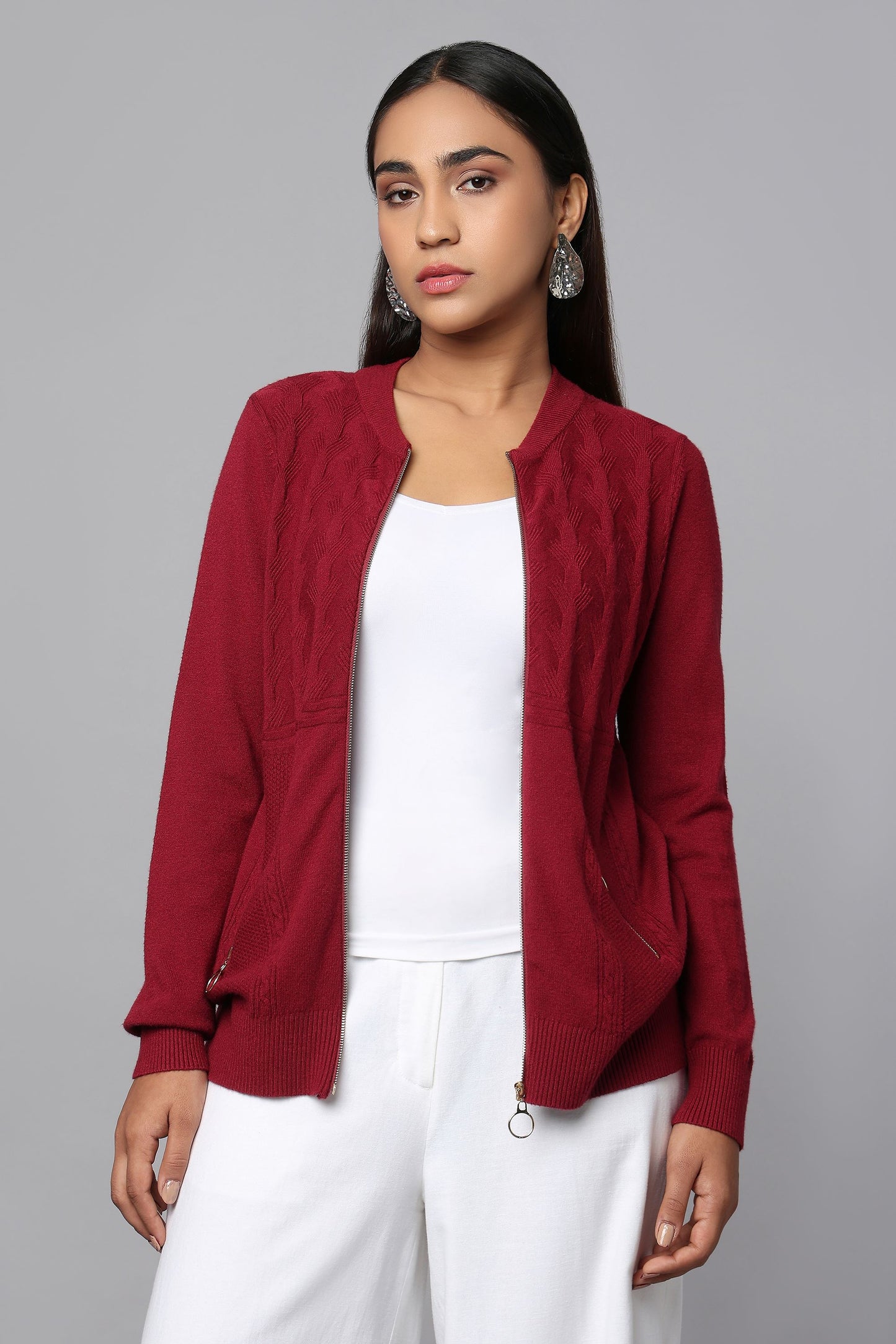 Knit Zip-Front Maroon Sweater with Pocket Detail