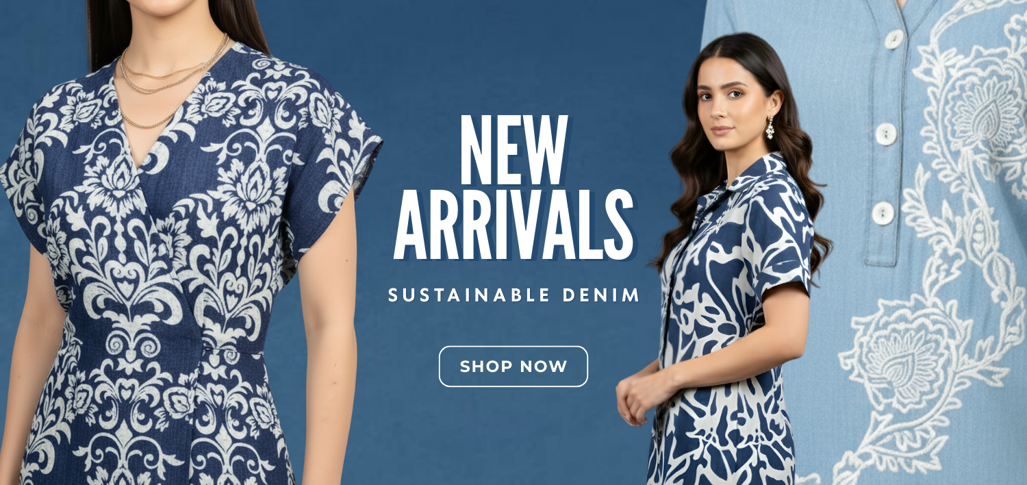 Two women wearing blue and white patterned denim outfits with 'New Arrivals' text on a blue background.