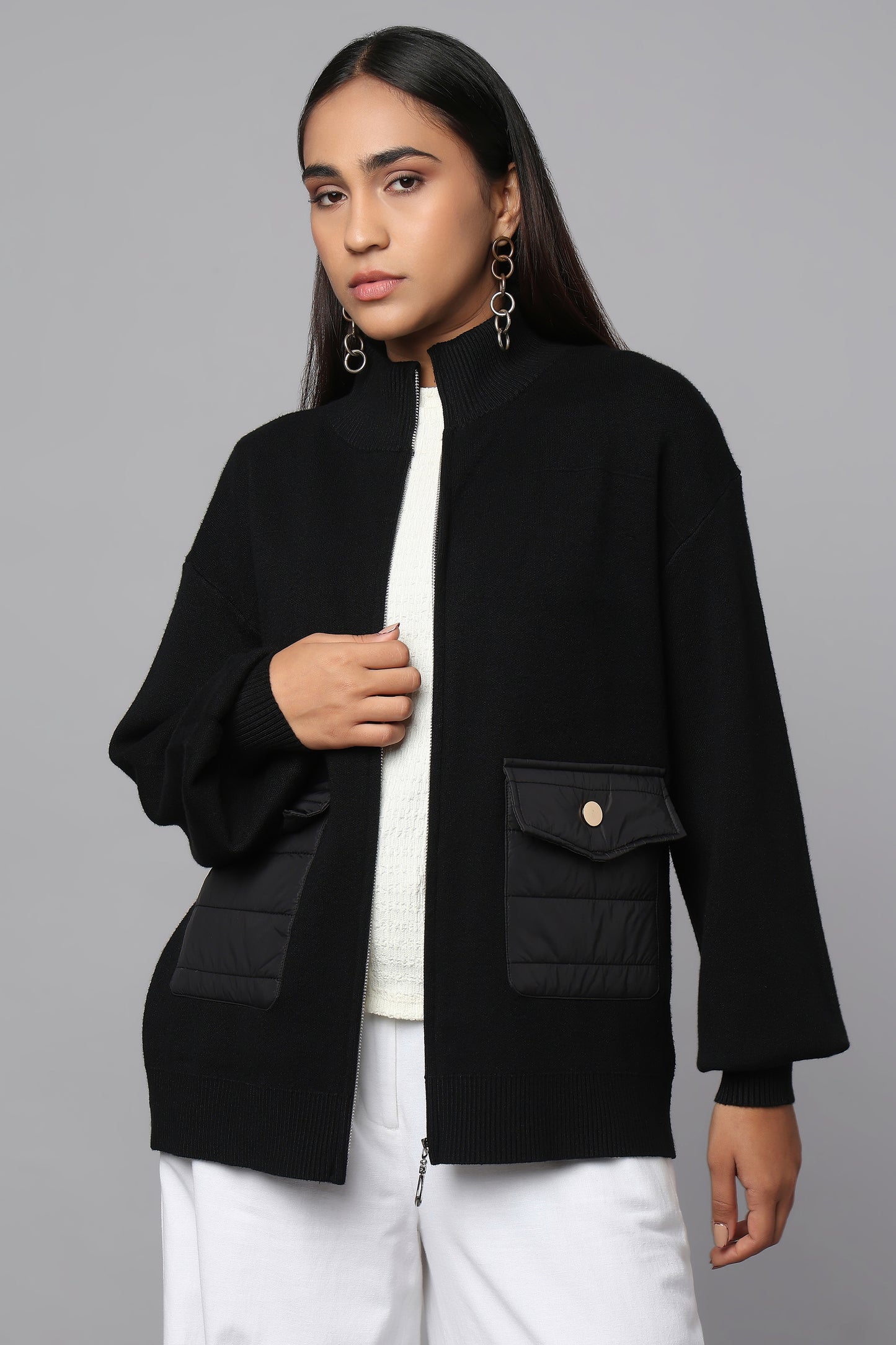 Zip-Up Black Sweater with Quilted Pockets