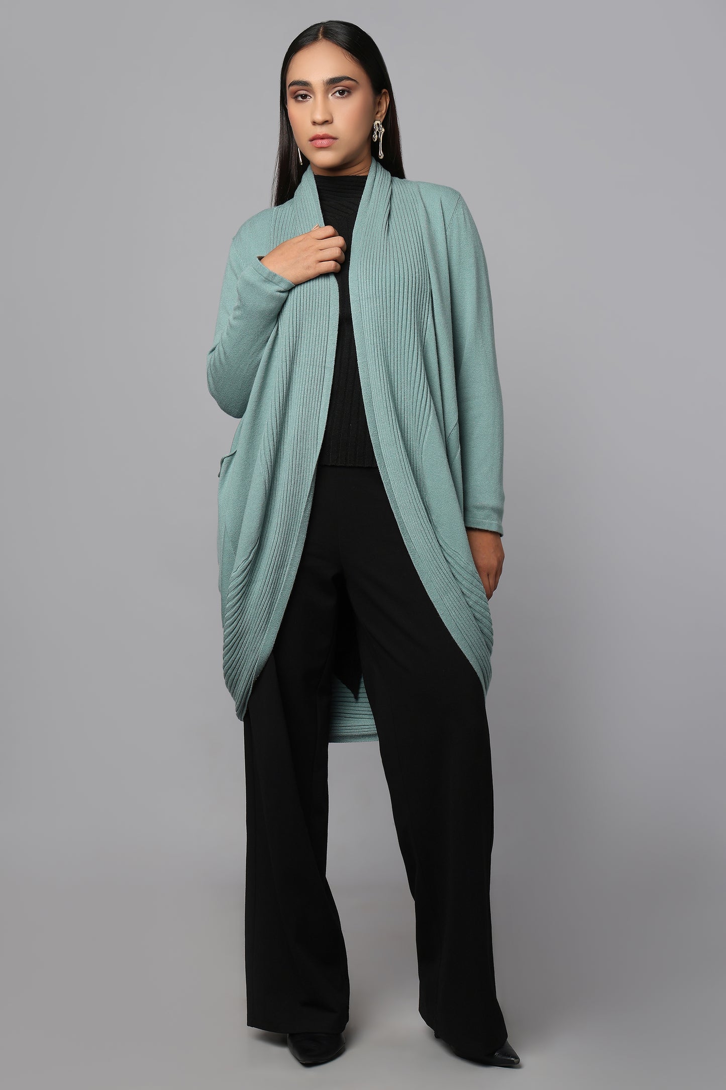 Longline Knit Sweater with Draped Hem - Sage