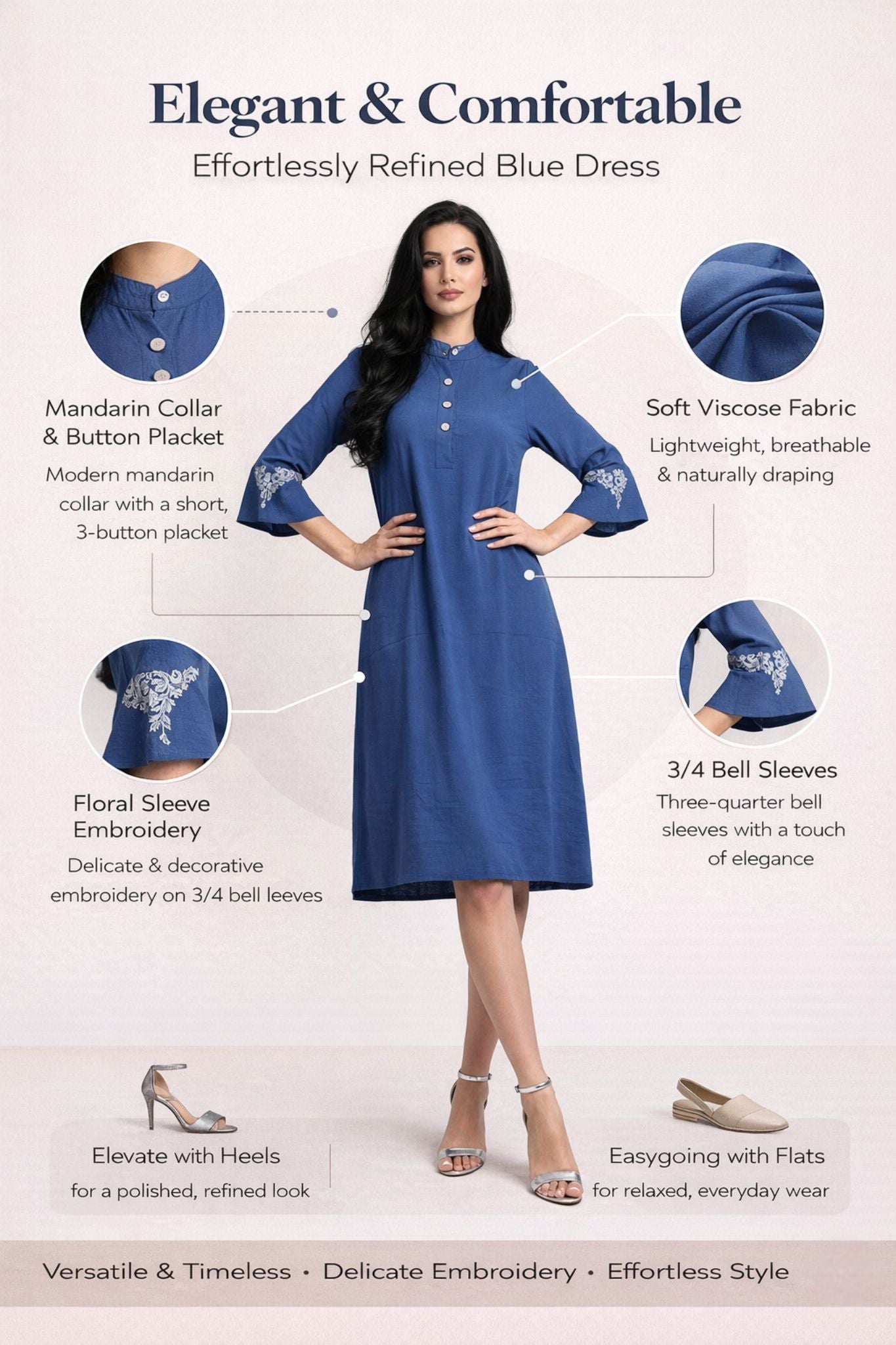 Mandarin Collar Embroidered Sleeve Dress – Blue | Viscose