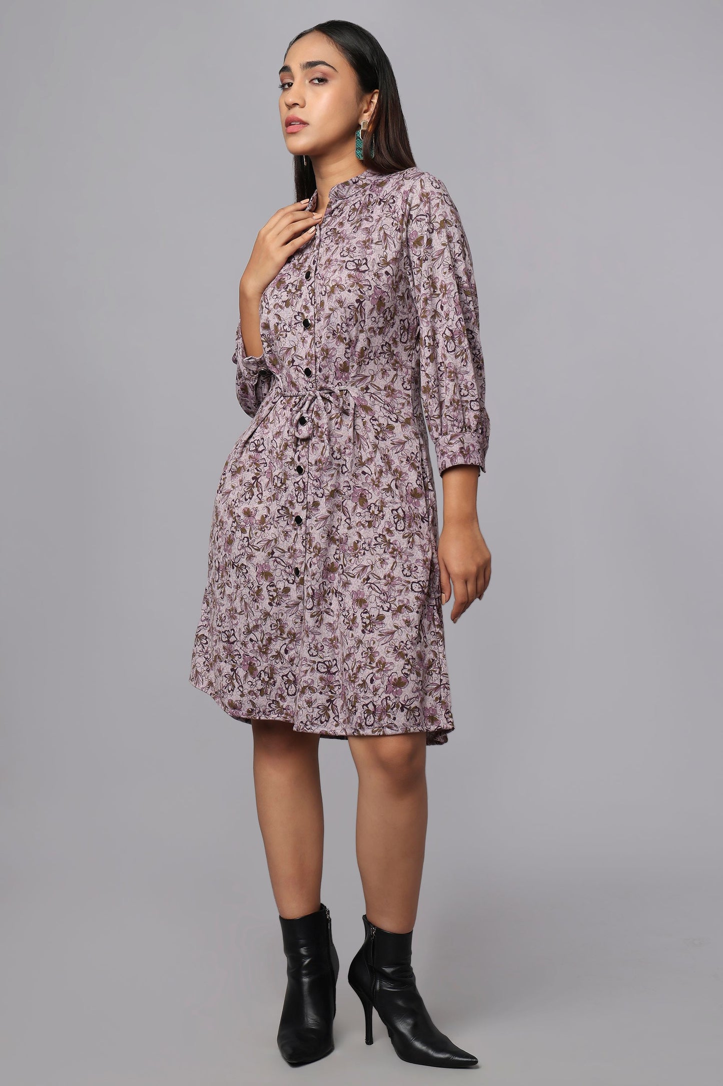 Purple Floral Shirt Dress with Waist Belt