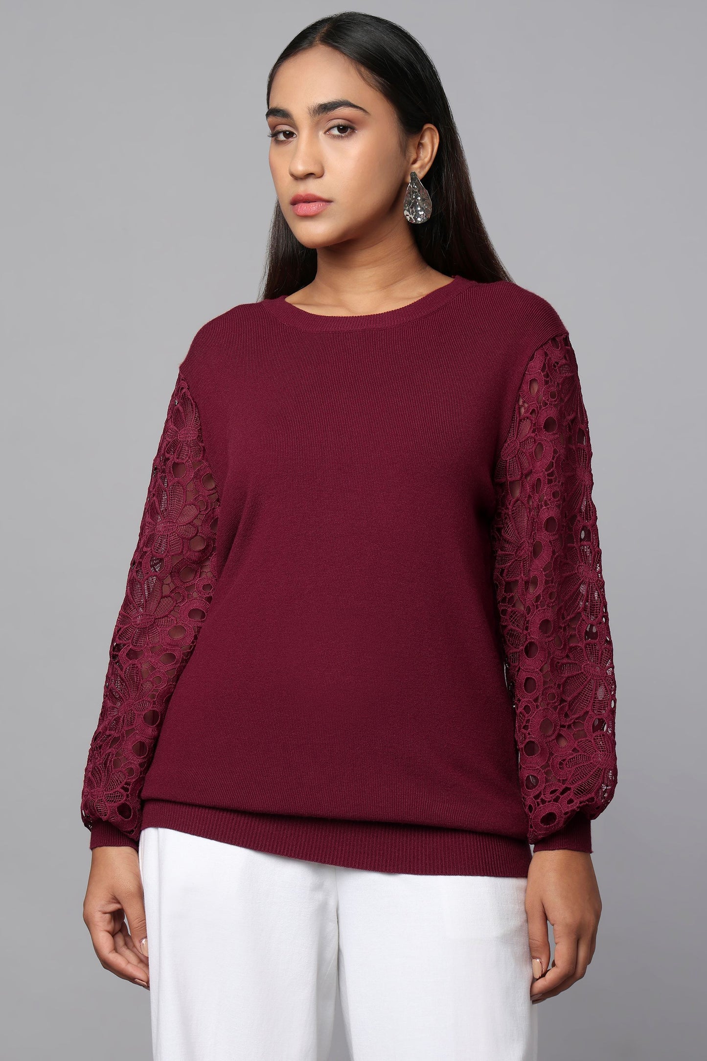 Lace Sleeve Maroon Knit Sweater