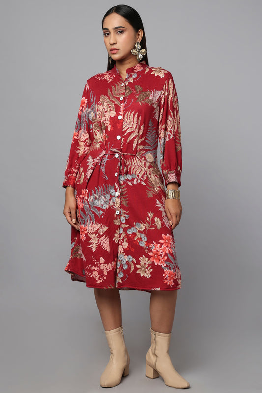 Red Printed Tie-Waist Shirt Dress