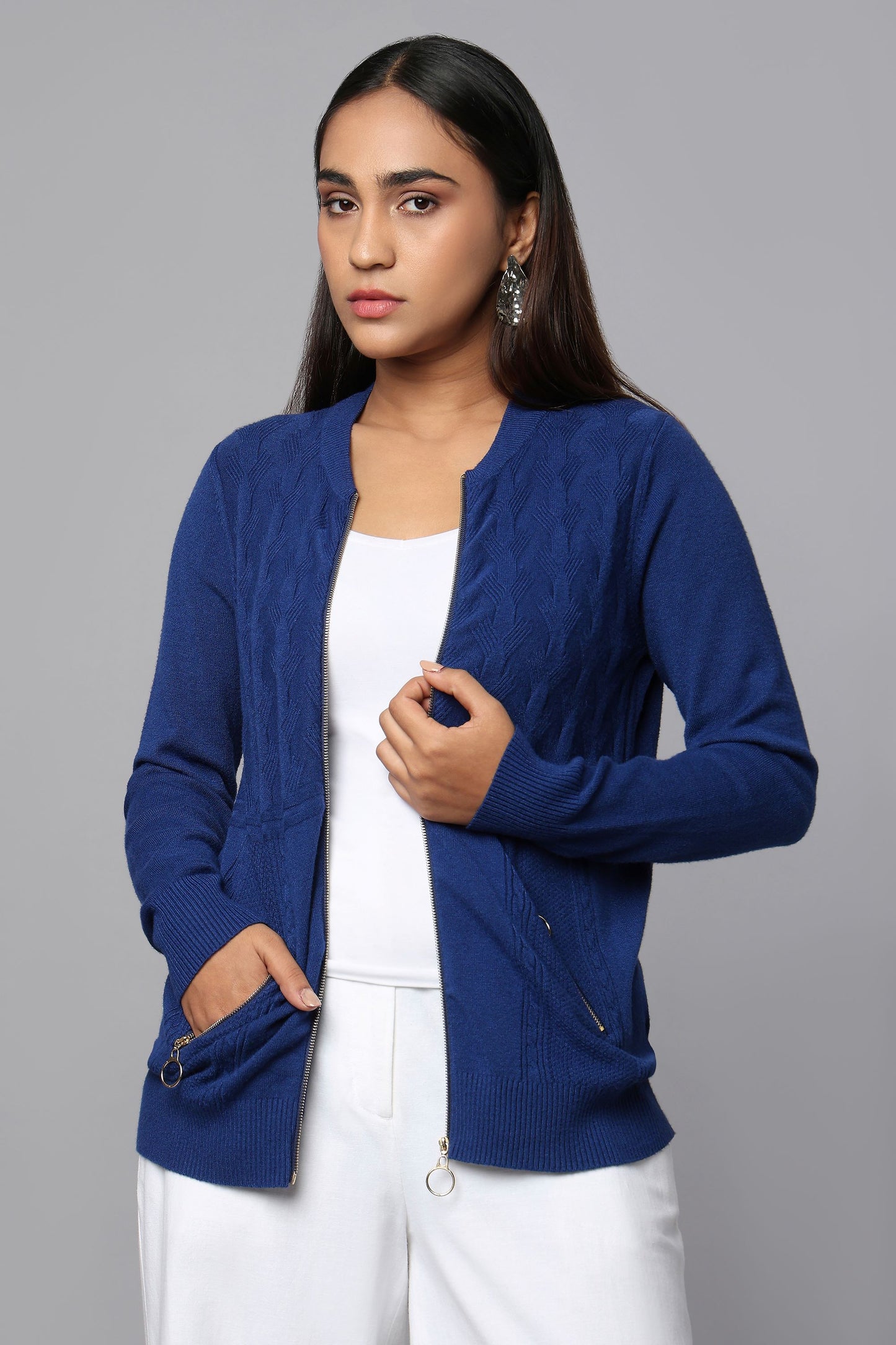 Knit Zip-Front Blue Sweater with Pocket Detail