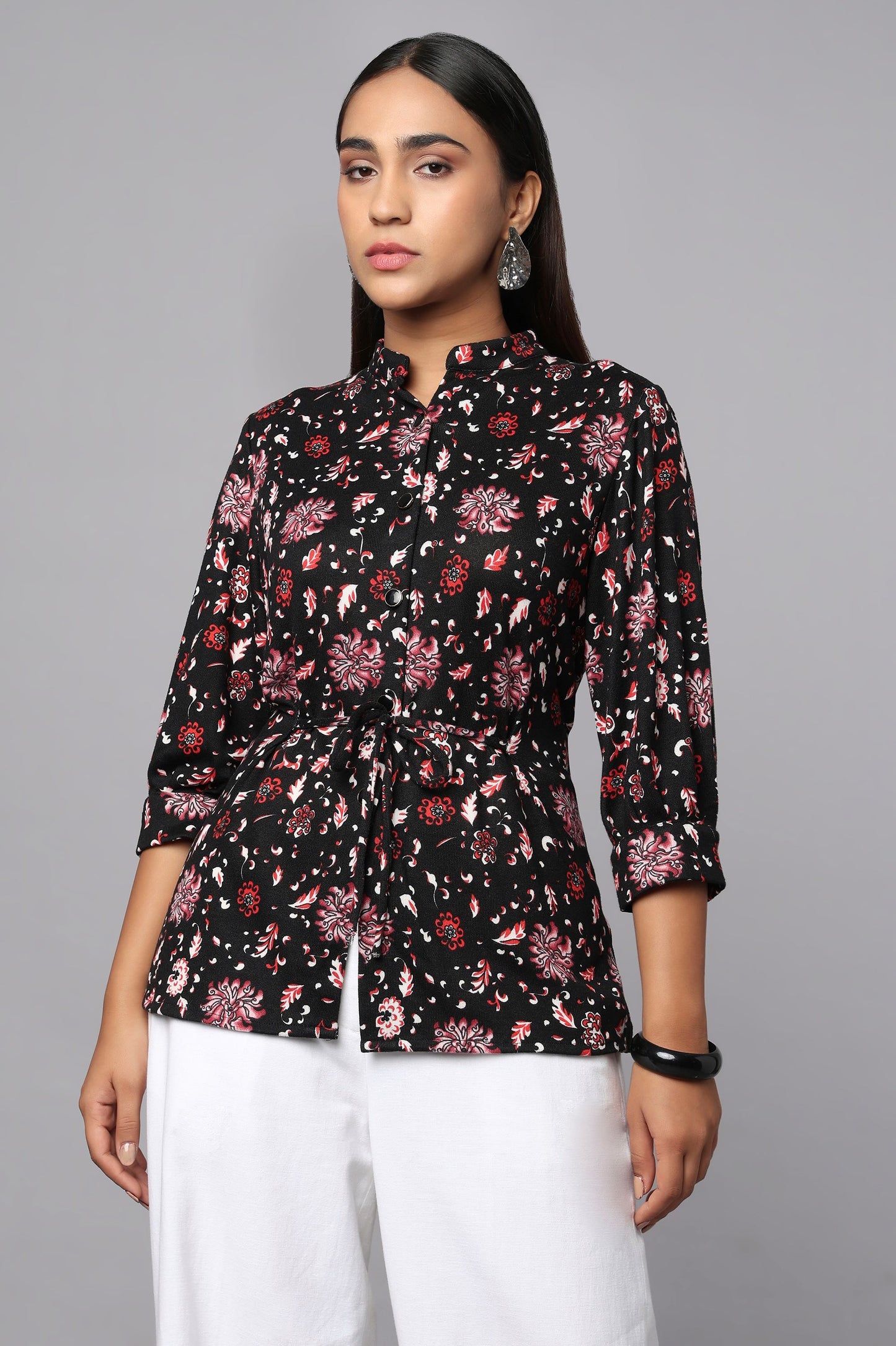 Black Printed Waist-Tie Shirt Top