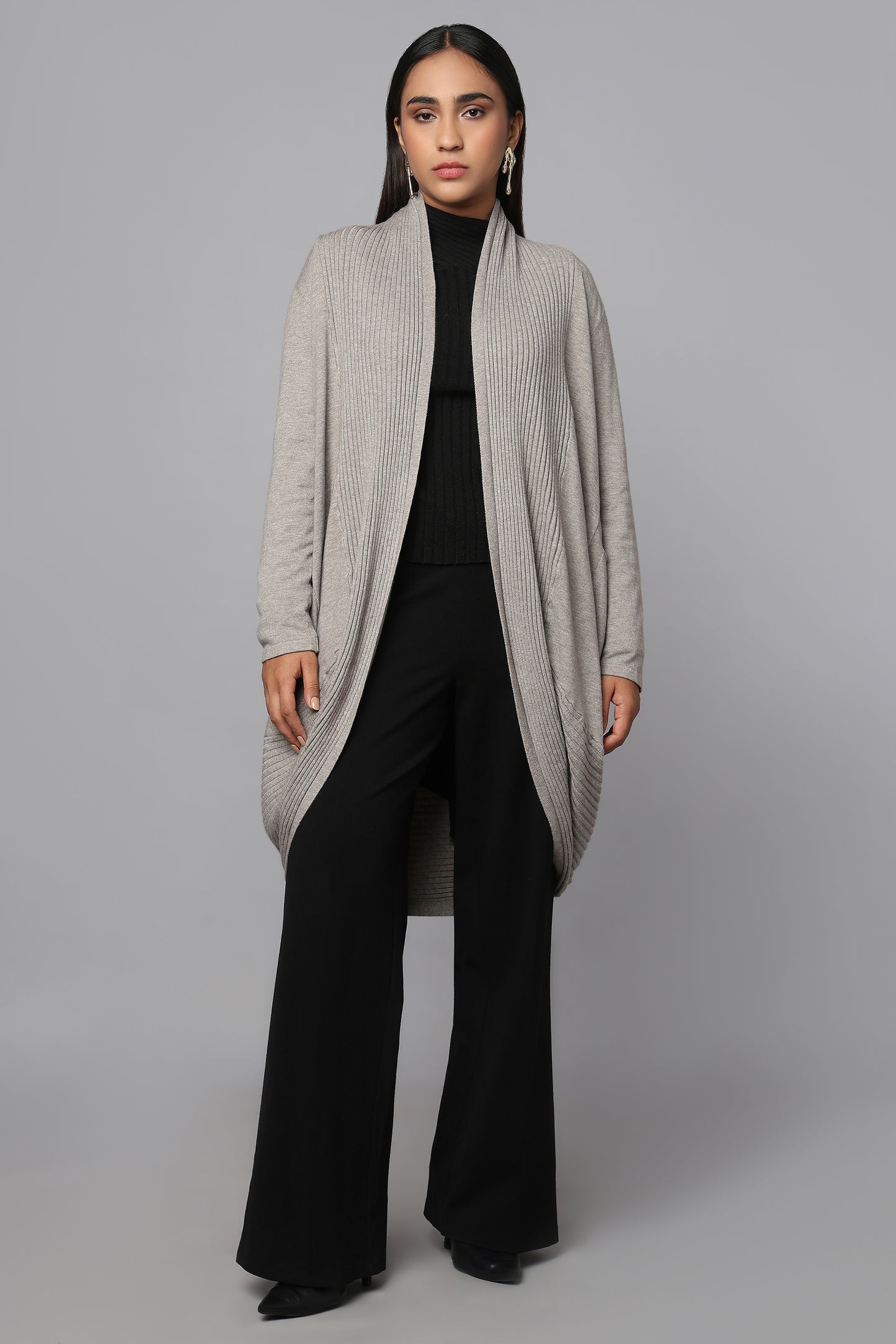 Longline Knit Sweater with Draped Hem - Grey