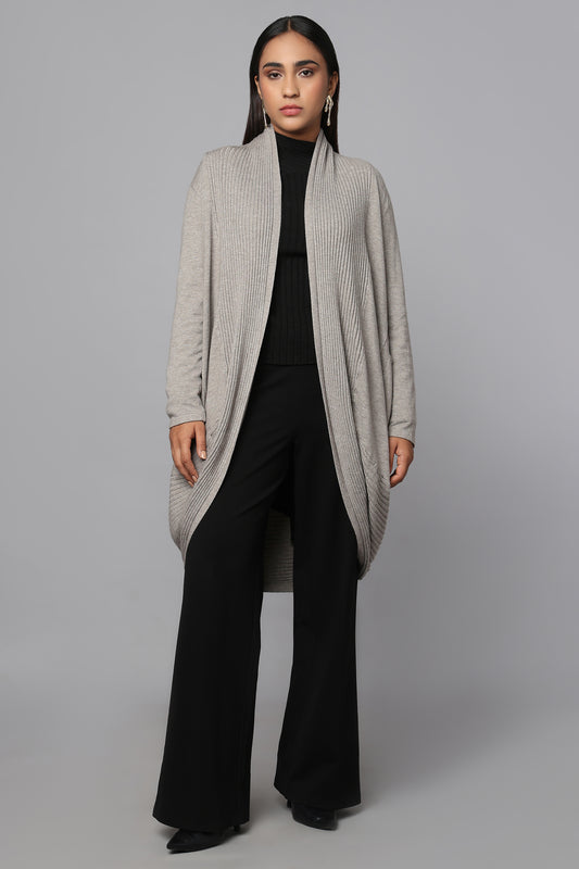 Longline Knit Sweater with Draped Hem - Grey