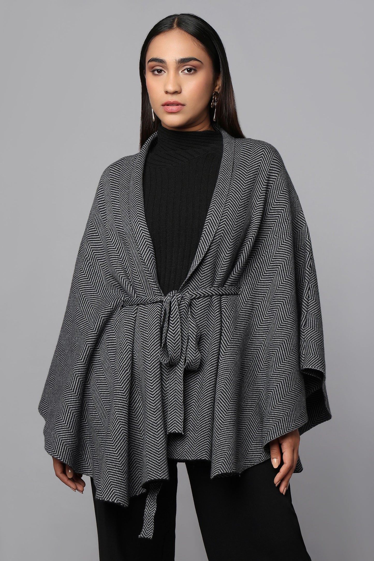 Belted Cape Sweater with Flared Hem - Black