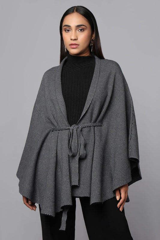 Belted Cape Sweater with Flared Hem - Black