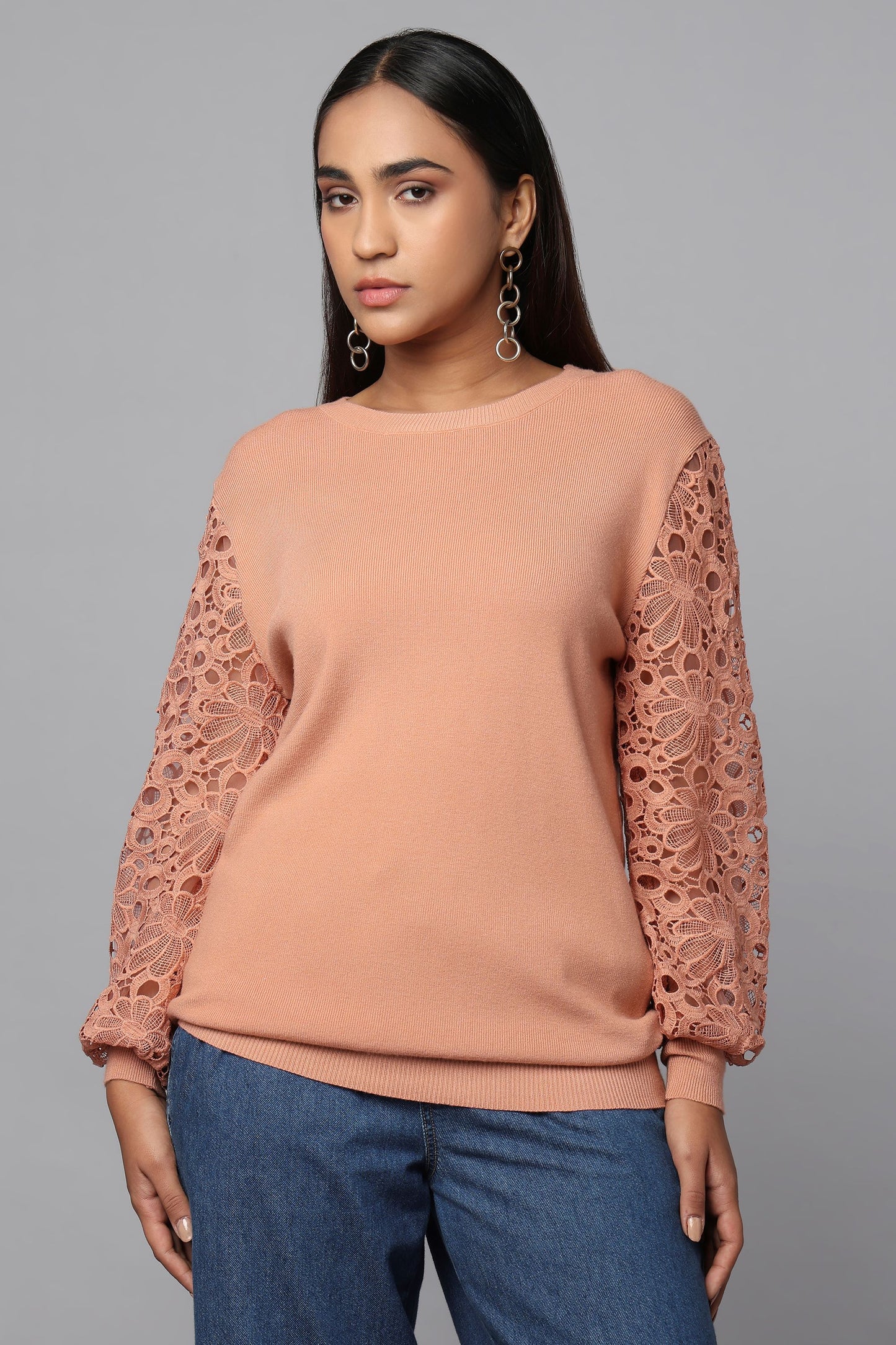 Lace Sleeve Pink Knit Sweater