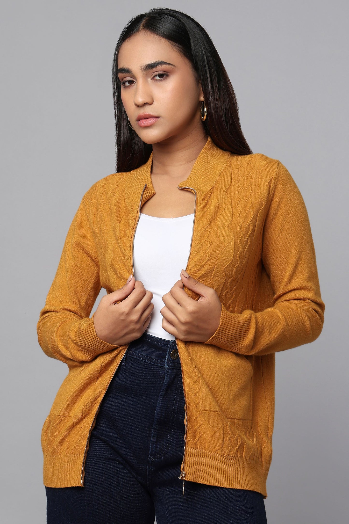Cable Knit Zip-Up Sweater - Ocher