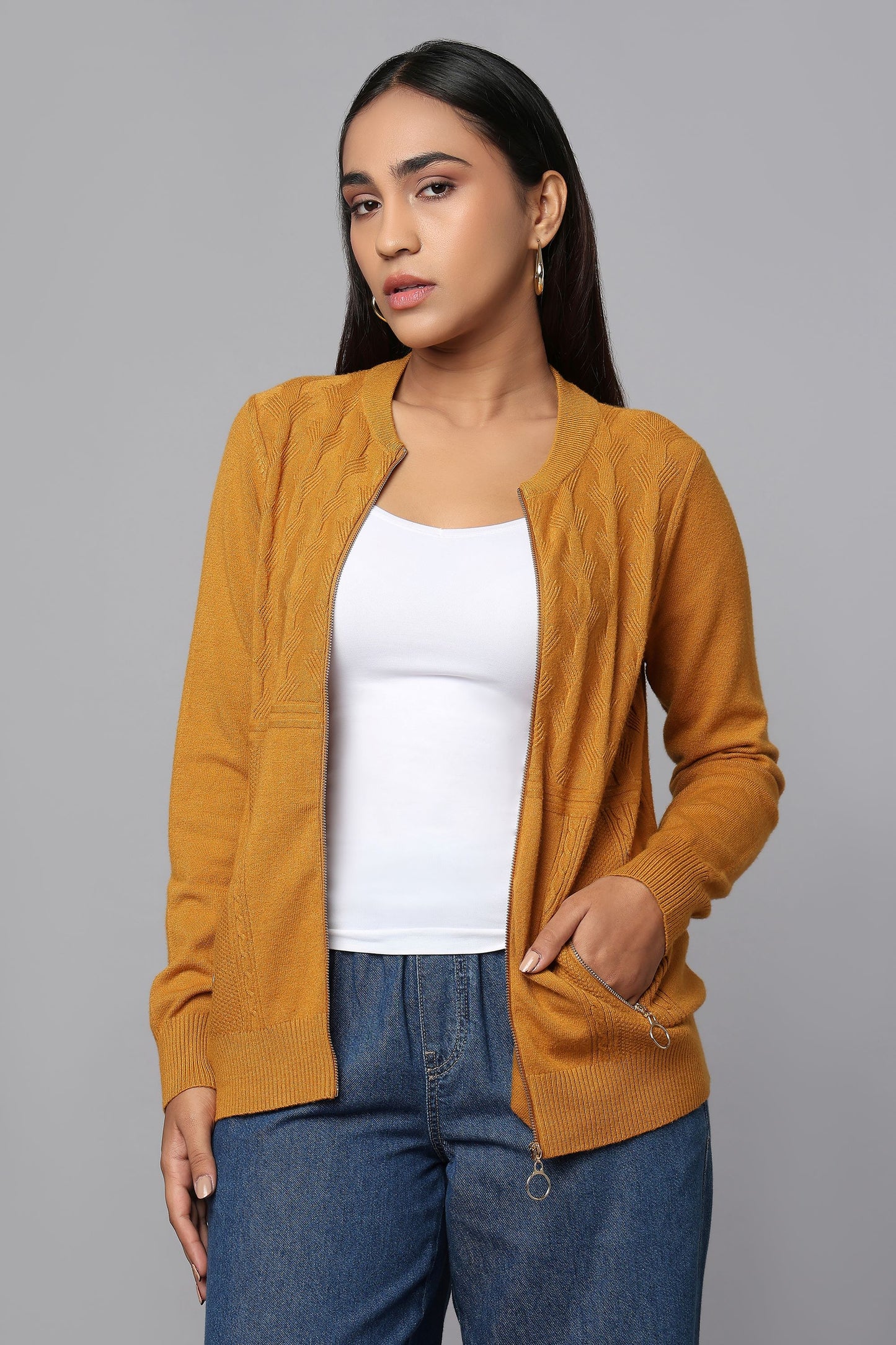 Knit Zip-Front Ocher Sweater with Pocket Detail