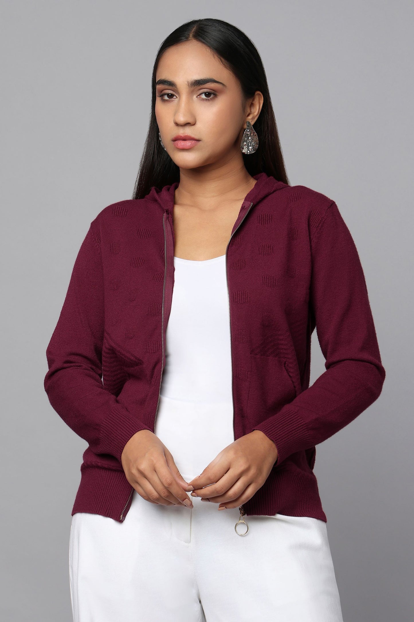 Hoodie Maroon Knit Sweater