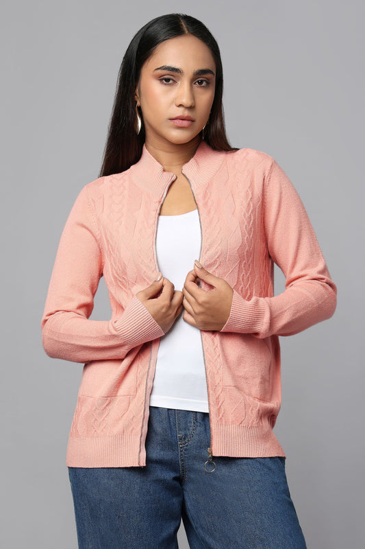 Cable Knit Zip-Up Sweater - Pink