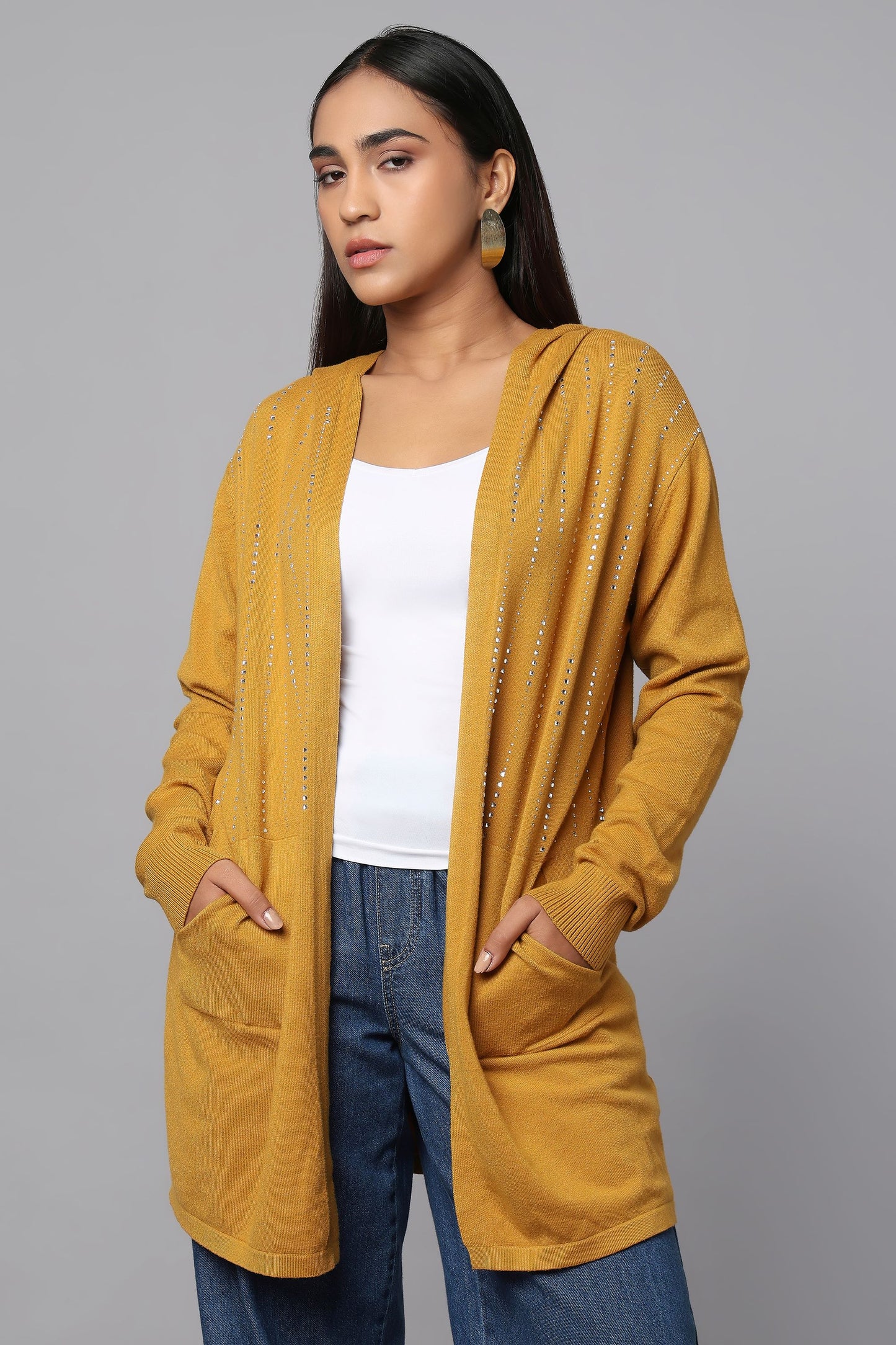Hooded Embellished Longline Cardigan - Ocher
