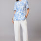 Elegant Blue Floral Print Mandarin Collar Top