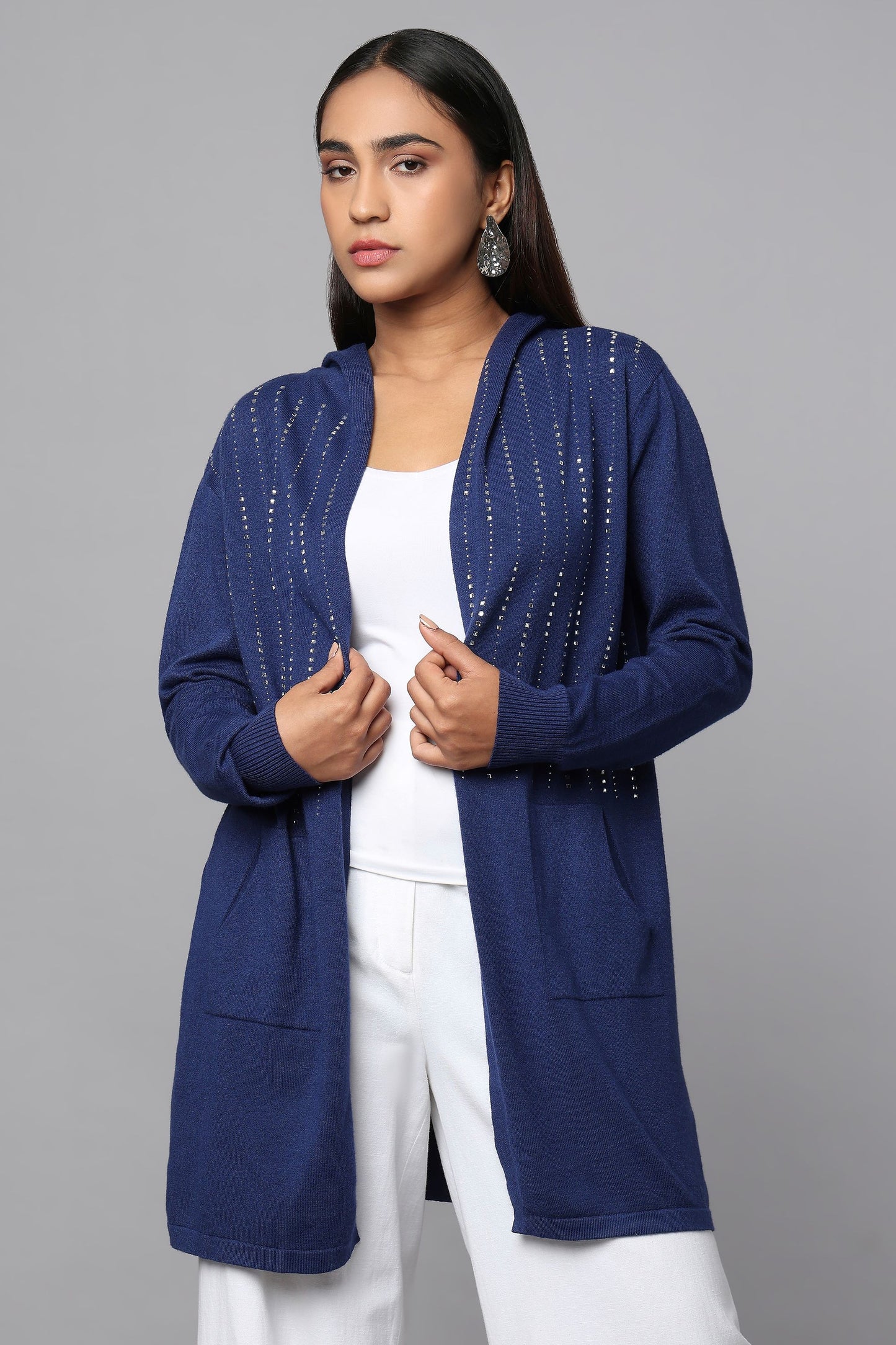 Hooded Embellished Longline Cardigan - Blue