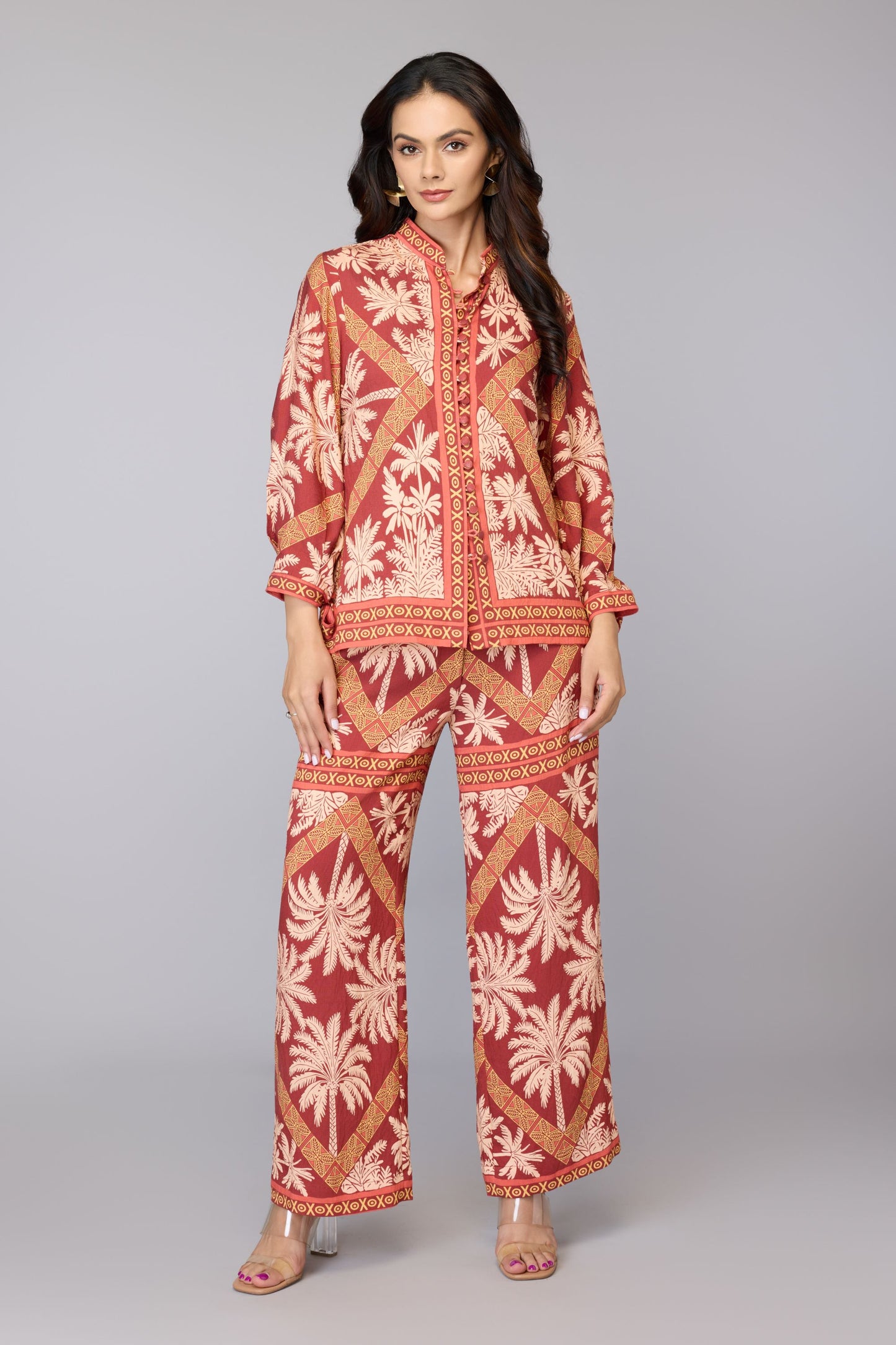 Palm Print Co-Ord Set - Brown | Viscose Blend