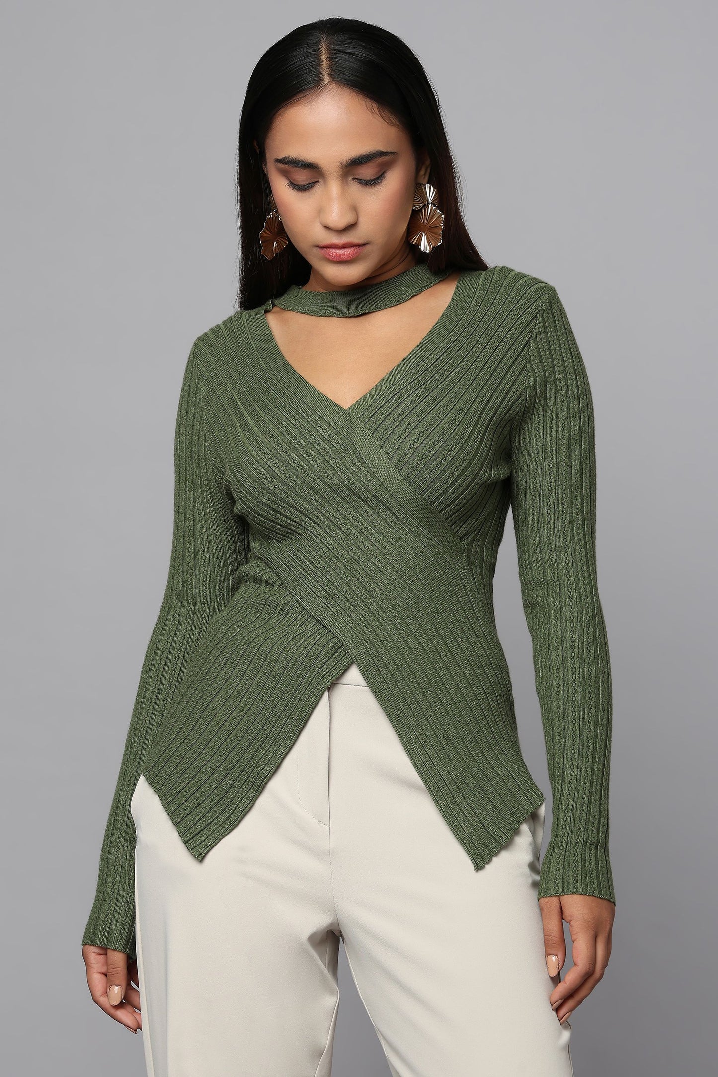 Ribbed Wrap Knit Sweater - Olive