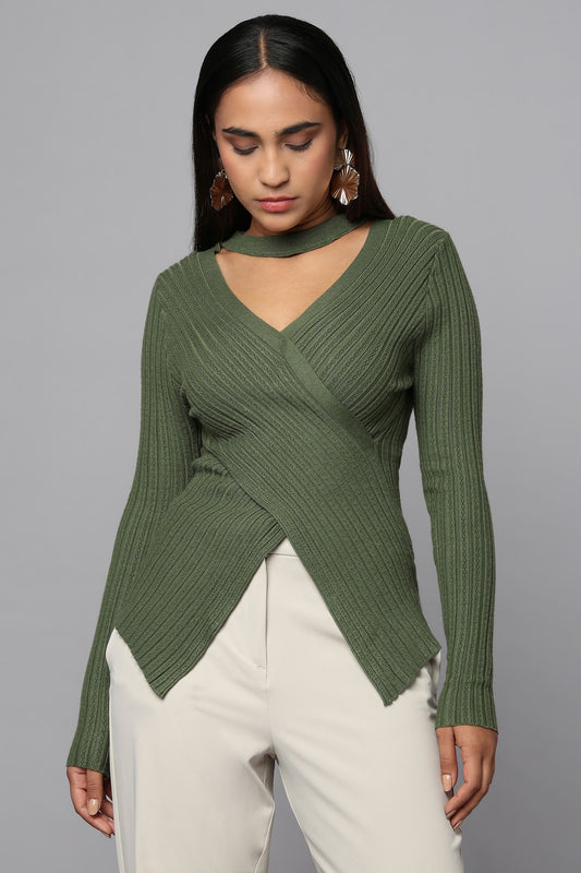 Ribbed Wrap Knit Sweater - Olive