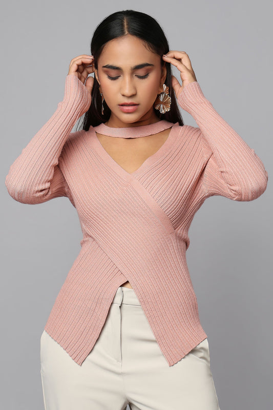 Ribbed Wrap Knit Sweater - Mauve