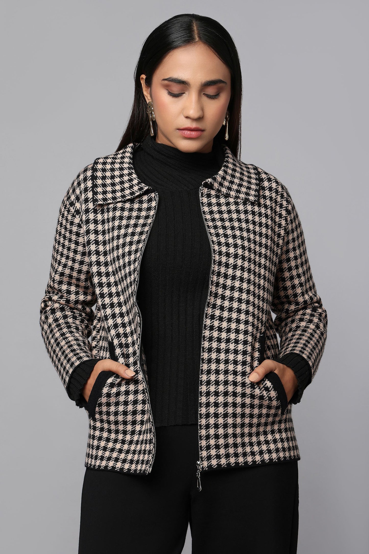 Houndstooth Black Zip-Up Sweater