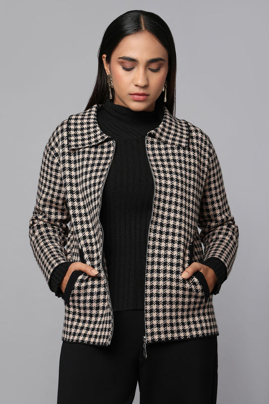 Houndstooth Black Zip-Up Sweater