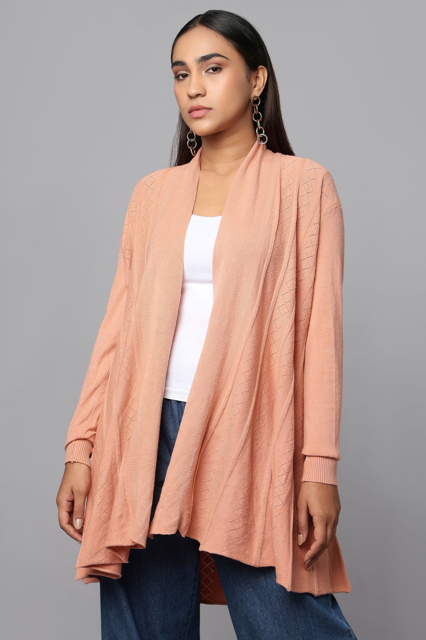 Diamond Knit Longline Cardigan - Pink
