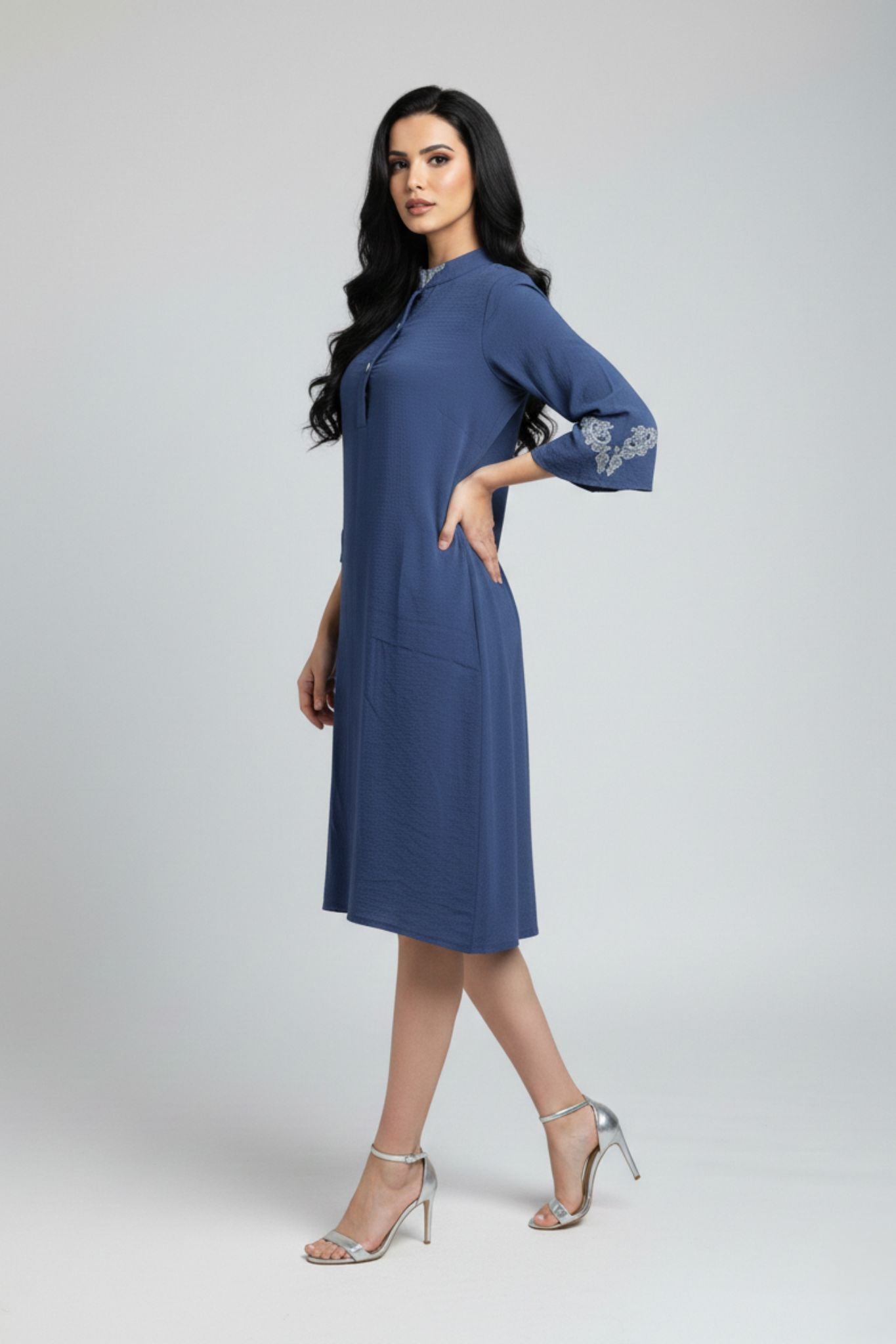 Mandarin Collar Embroidered Sleeve Dress – Blue | Viscose