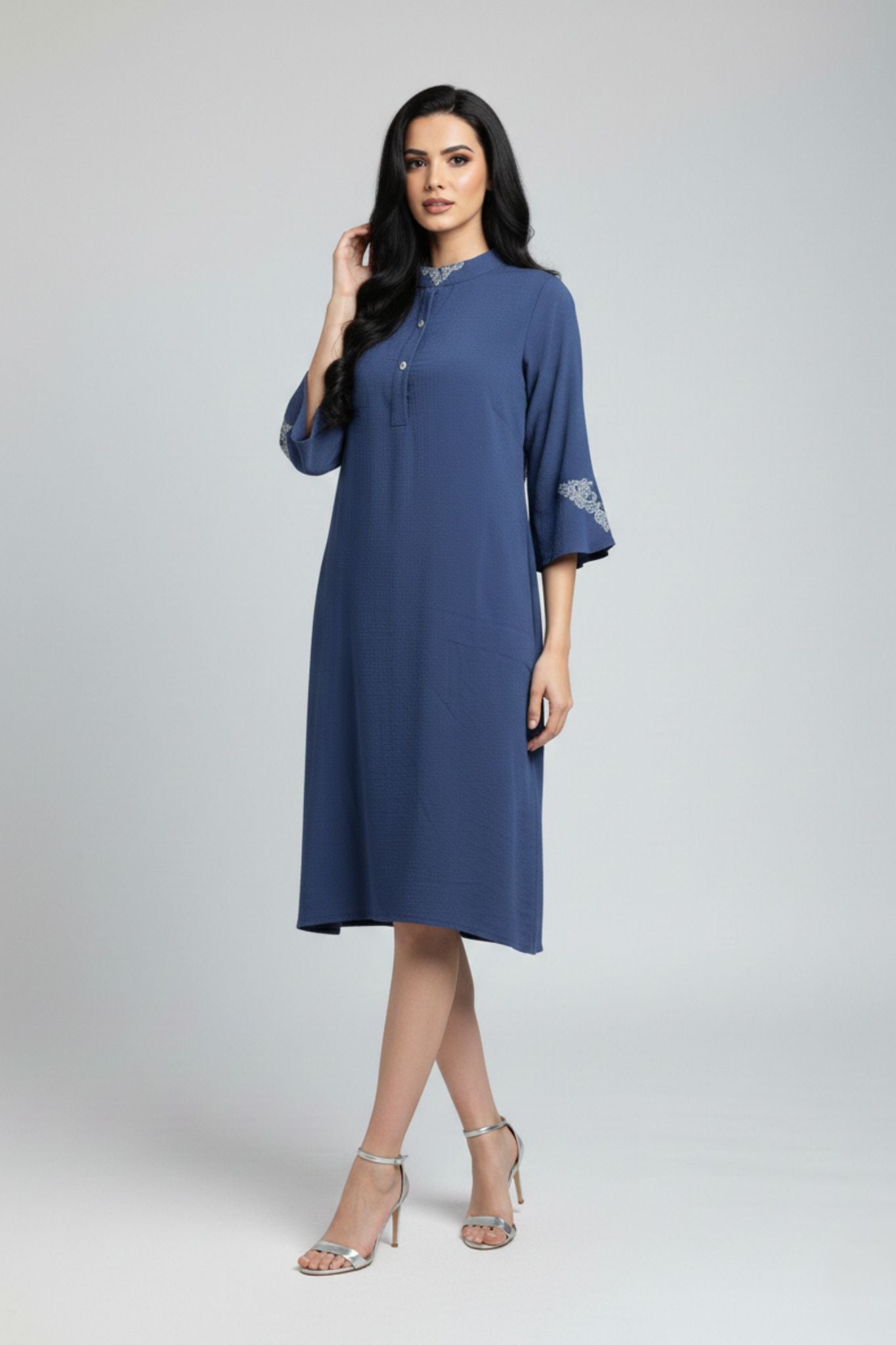 Mandarin Collar Embroidered Sleeve Dress – Blue | Viscose