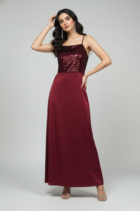 Bodice Satin Maxi Dress - Maroon | Satin