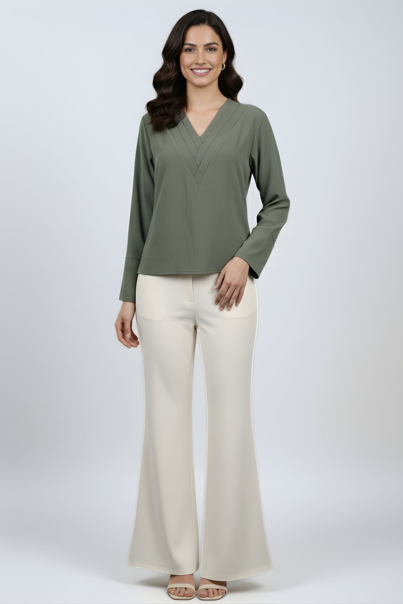 Pleated V-Neck Top - Olive | Polyester