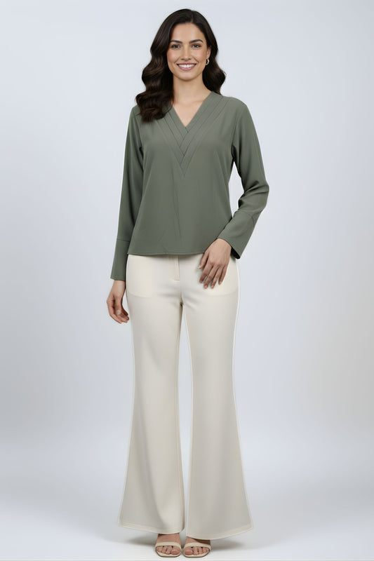 Pleated V-Neck Top - Olive | Polyester