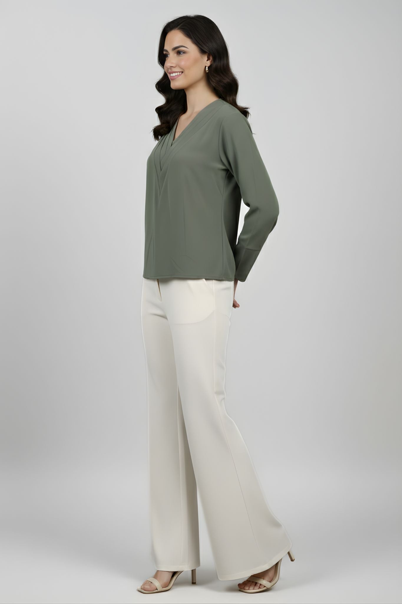Pleated V-Neck Top - Olive | Polyester