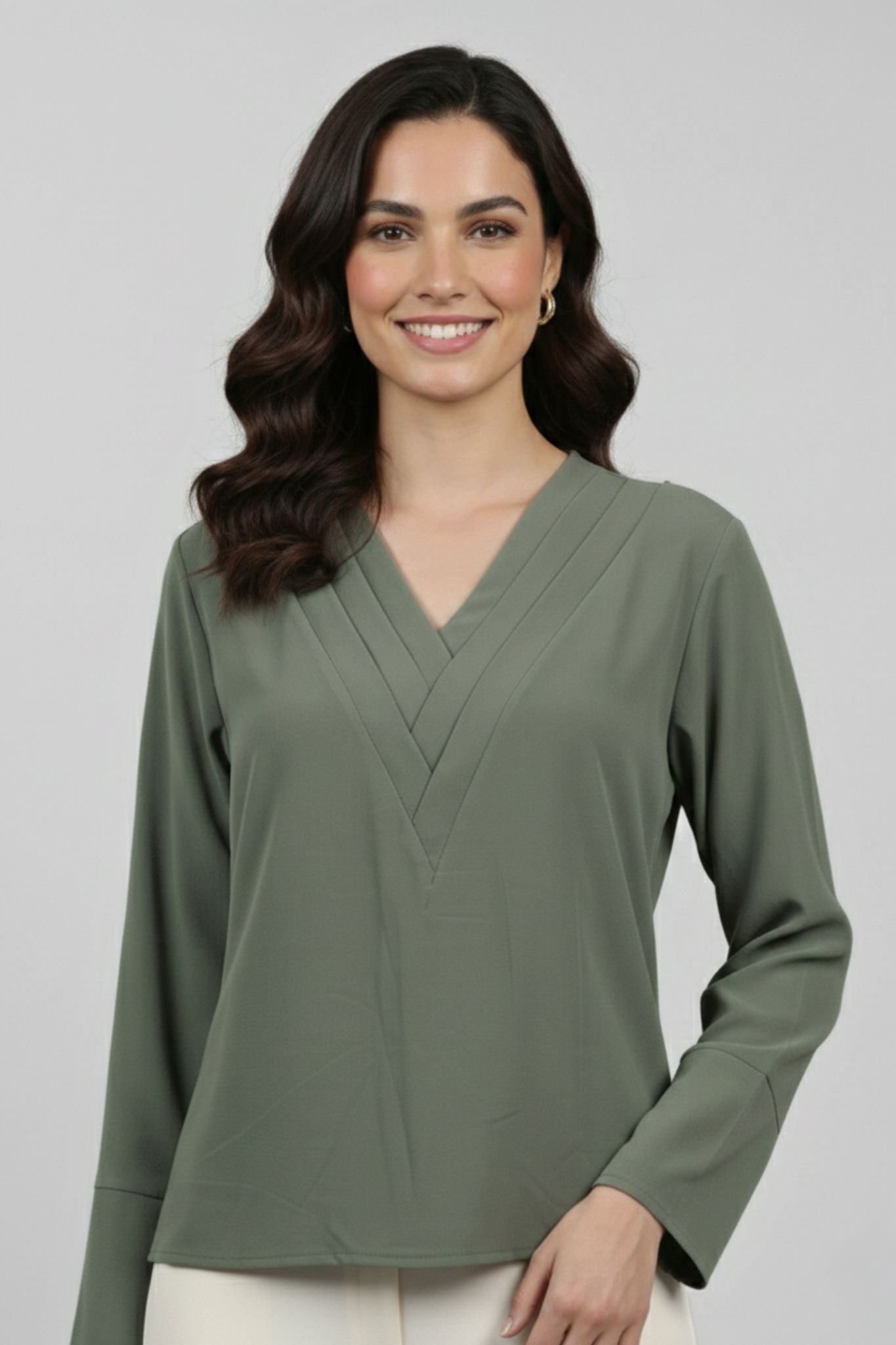 Pleated V-Neck Top - Olive | Polyester