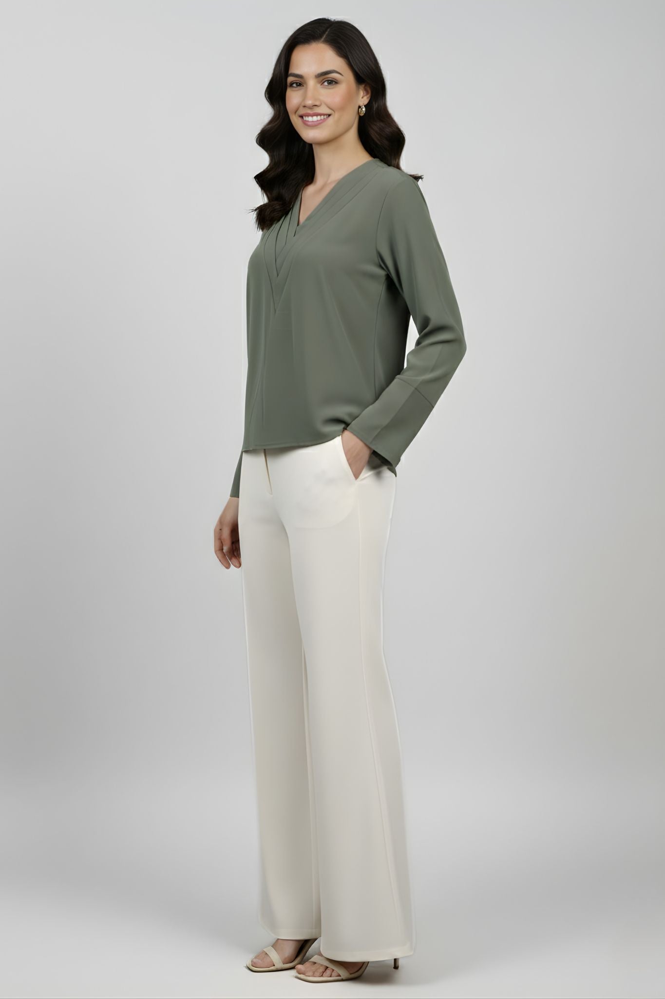 Pleated V-Neck Top - Olive | Polyester