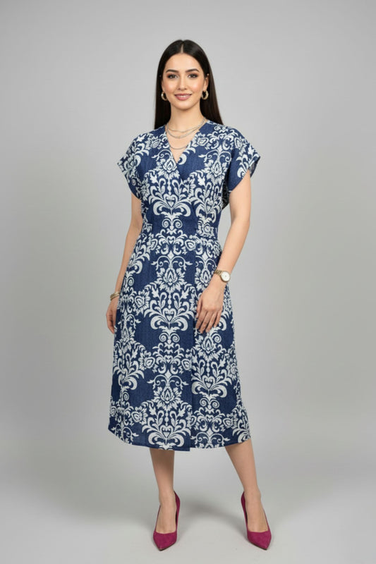 V-neck Printed Midi Dress - Blue | Lyocell Denim