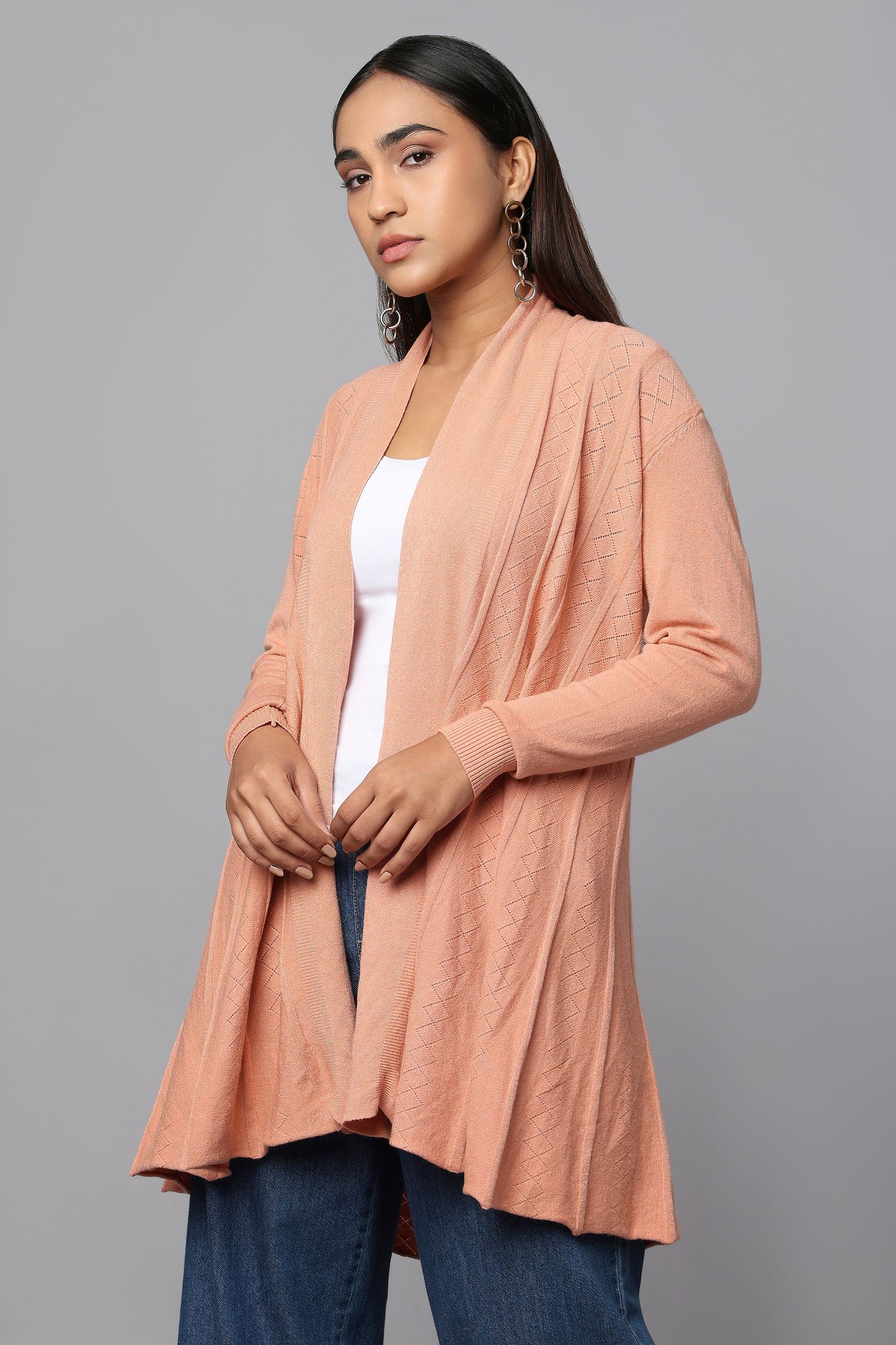 Diamond Knit Longline Cardigan - Pink