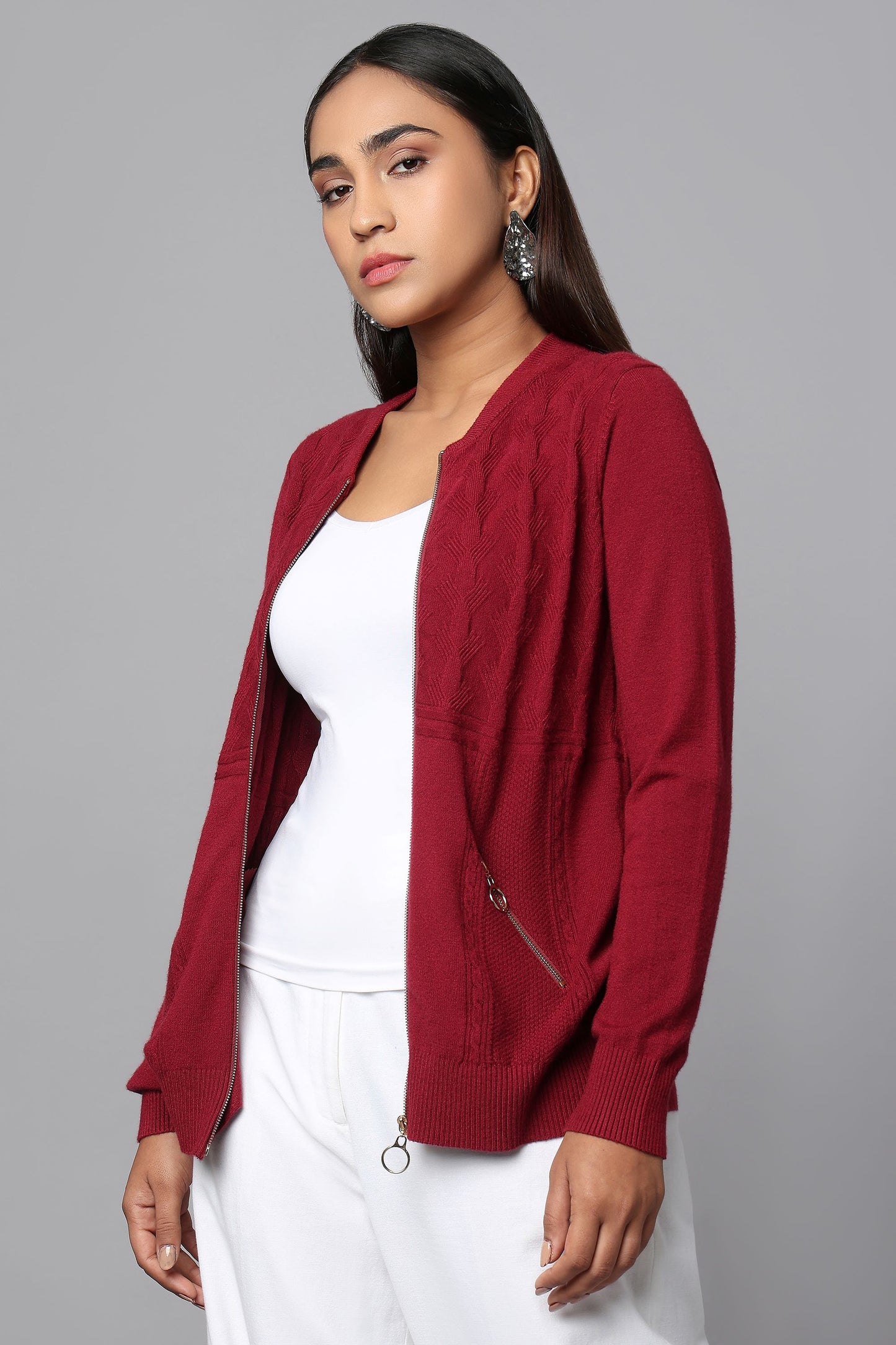 Knit Zip-Front Maroon Sweater with Pocket Detail