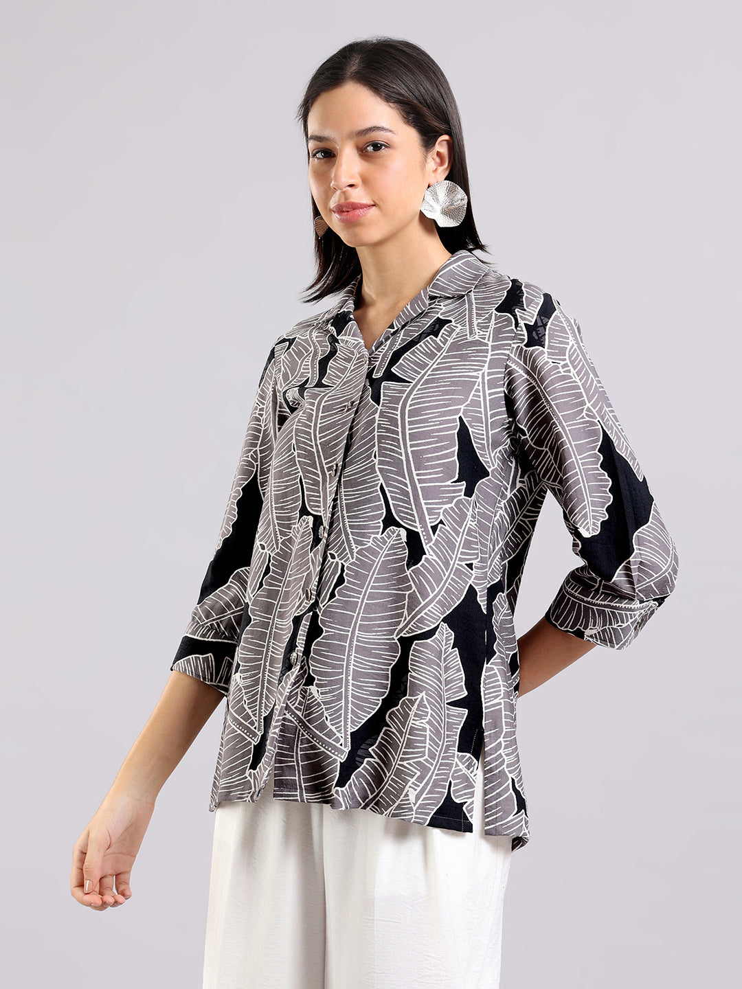 Black Leaf Print Shirt Top