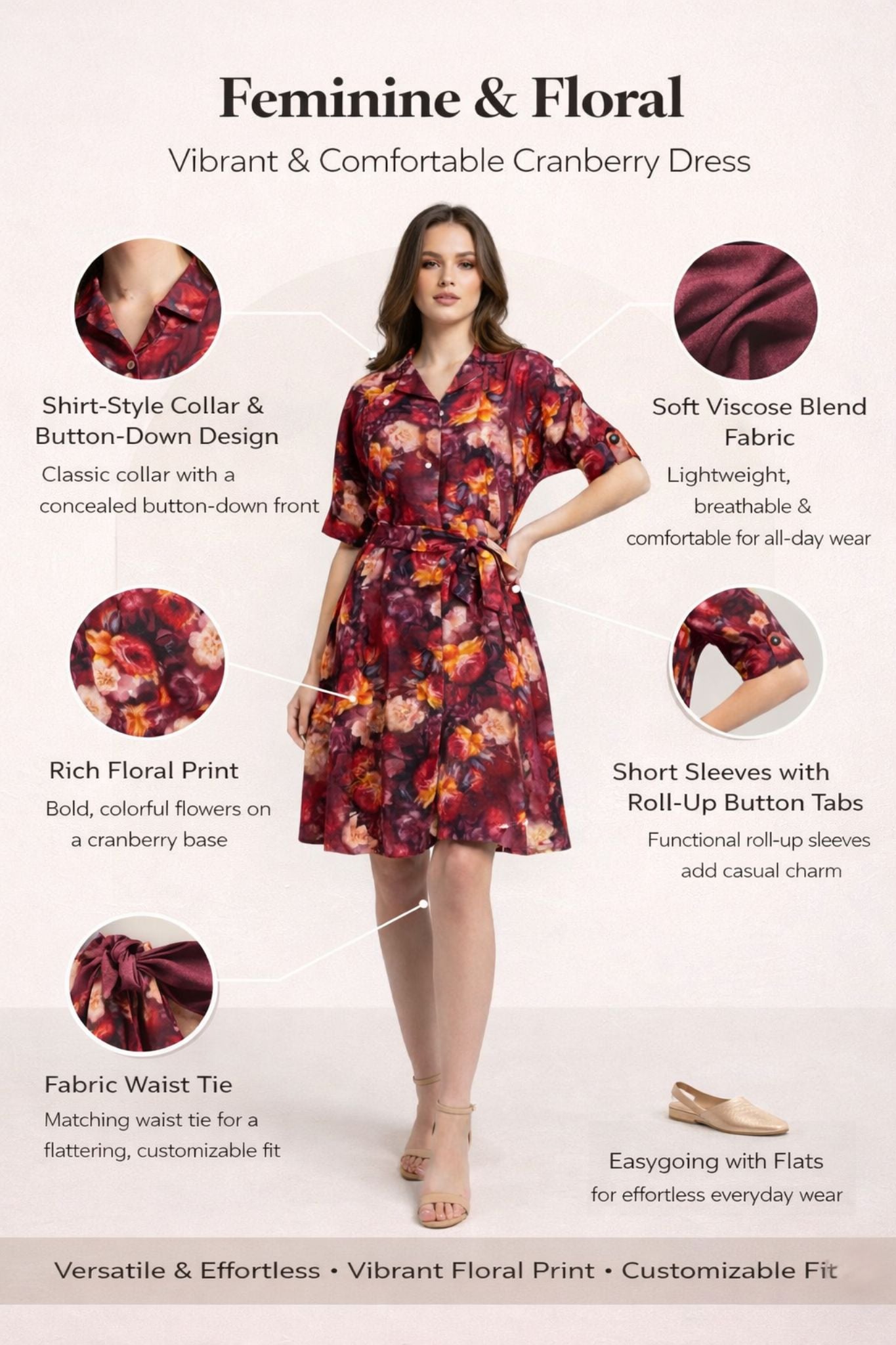 Floral Collared Tie-Up Dress – Cranberry | Viscose Blend