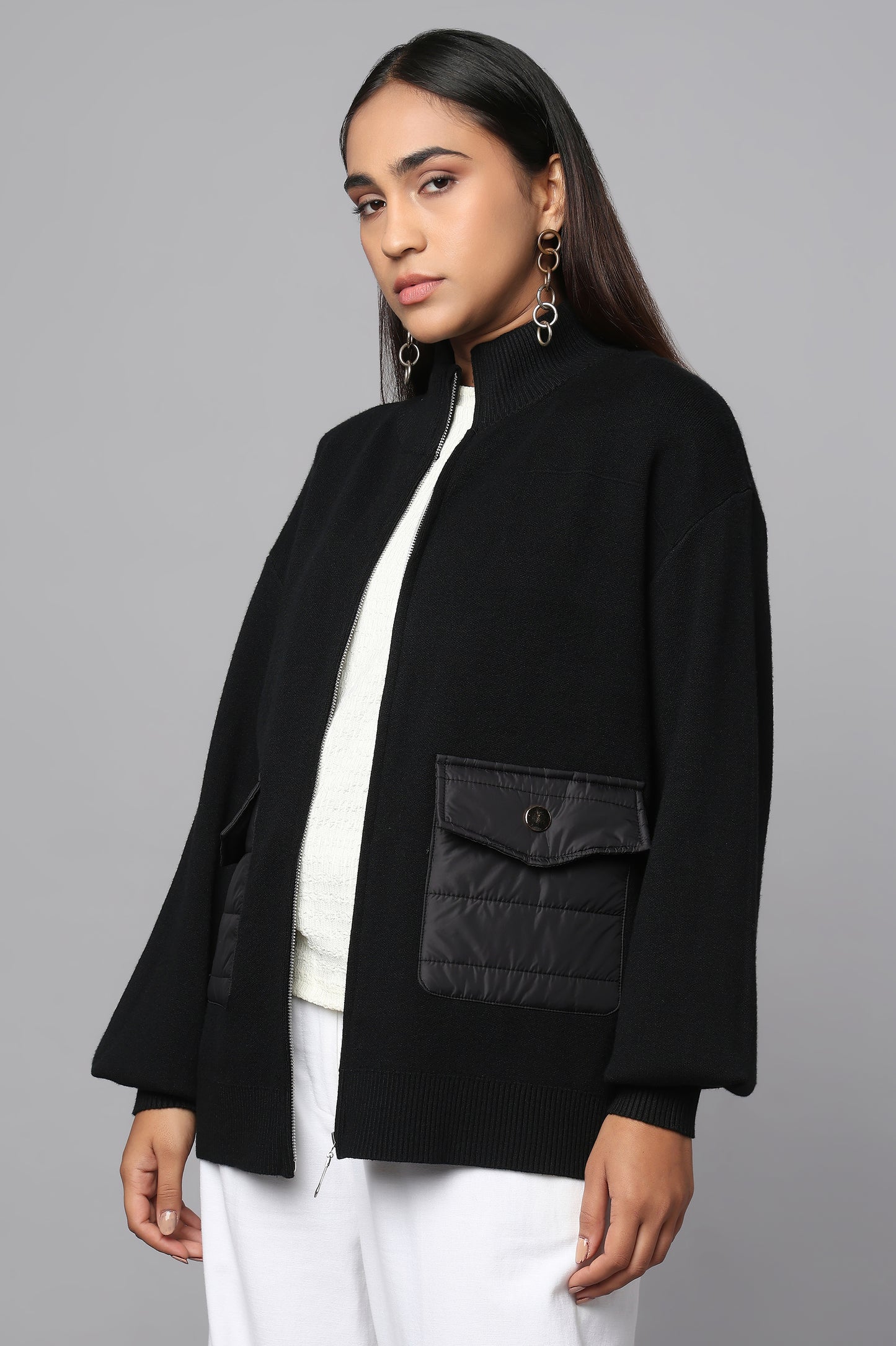 Zip-Up Black Sweater with Quilted Pockets
