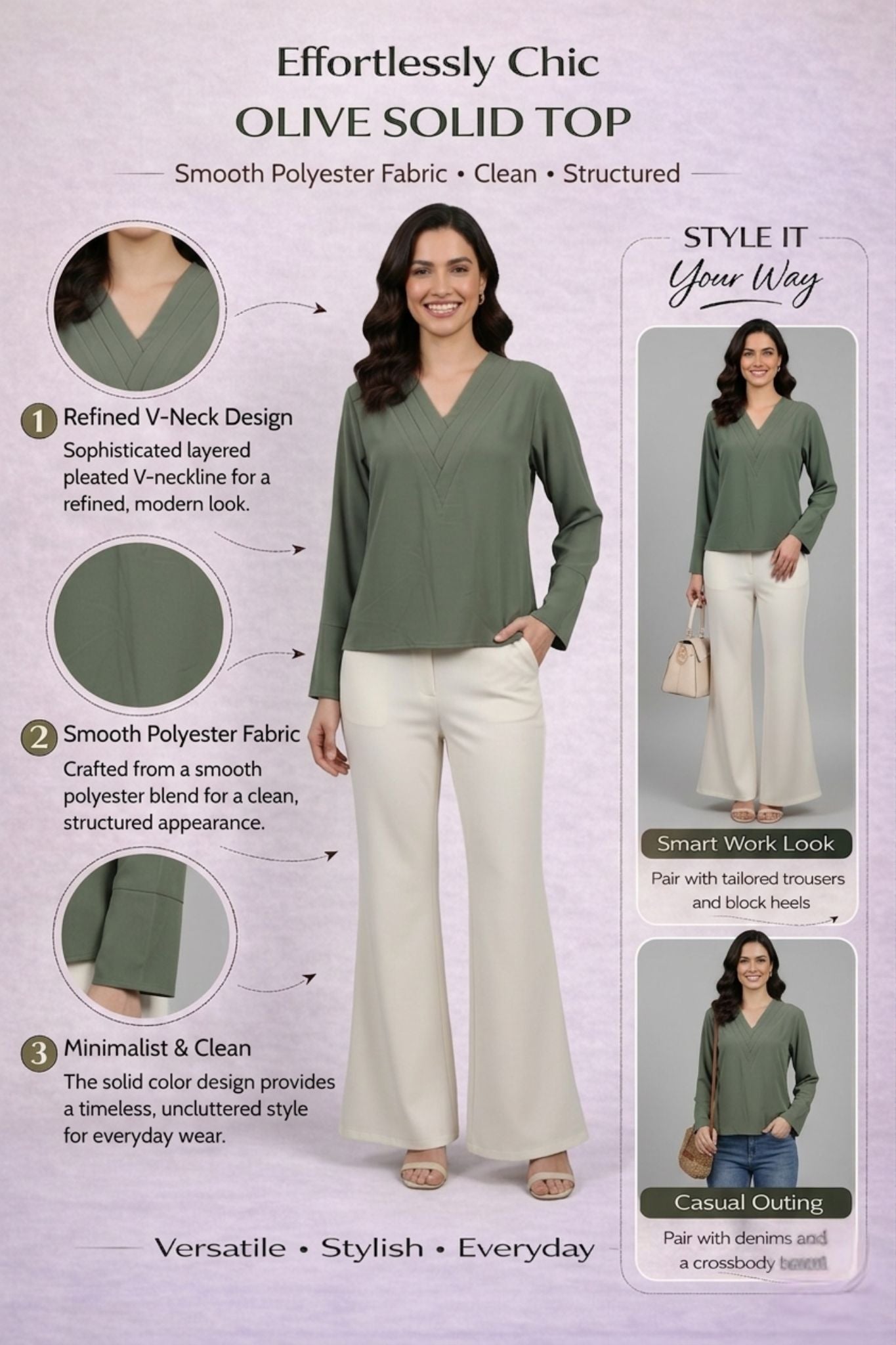 Pleated V-Neck Top - Olive | Polyester