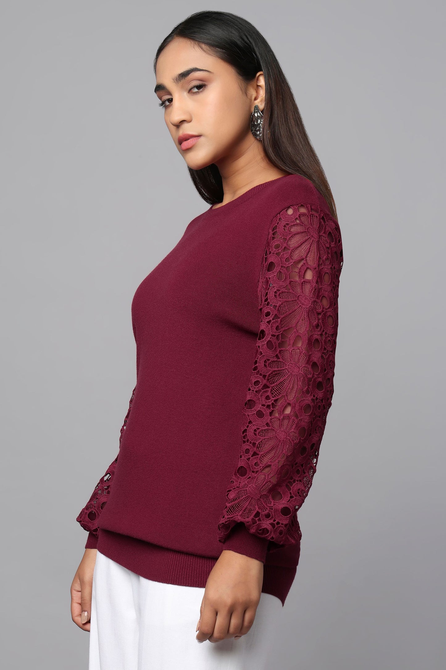 Lace Sleeve Maroon Knit Sweater