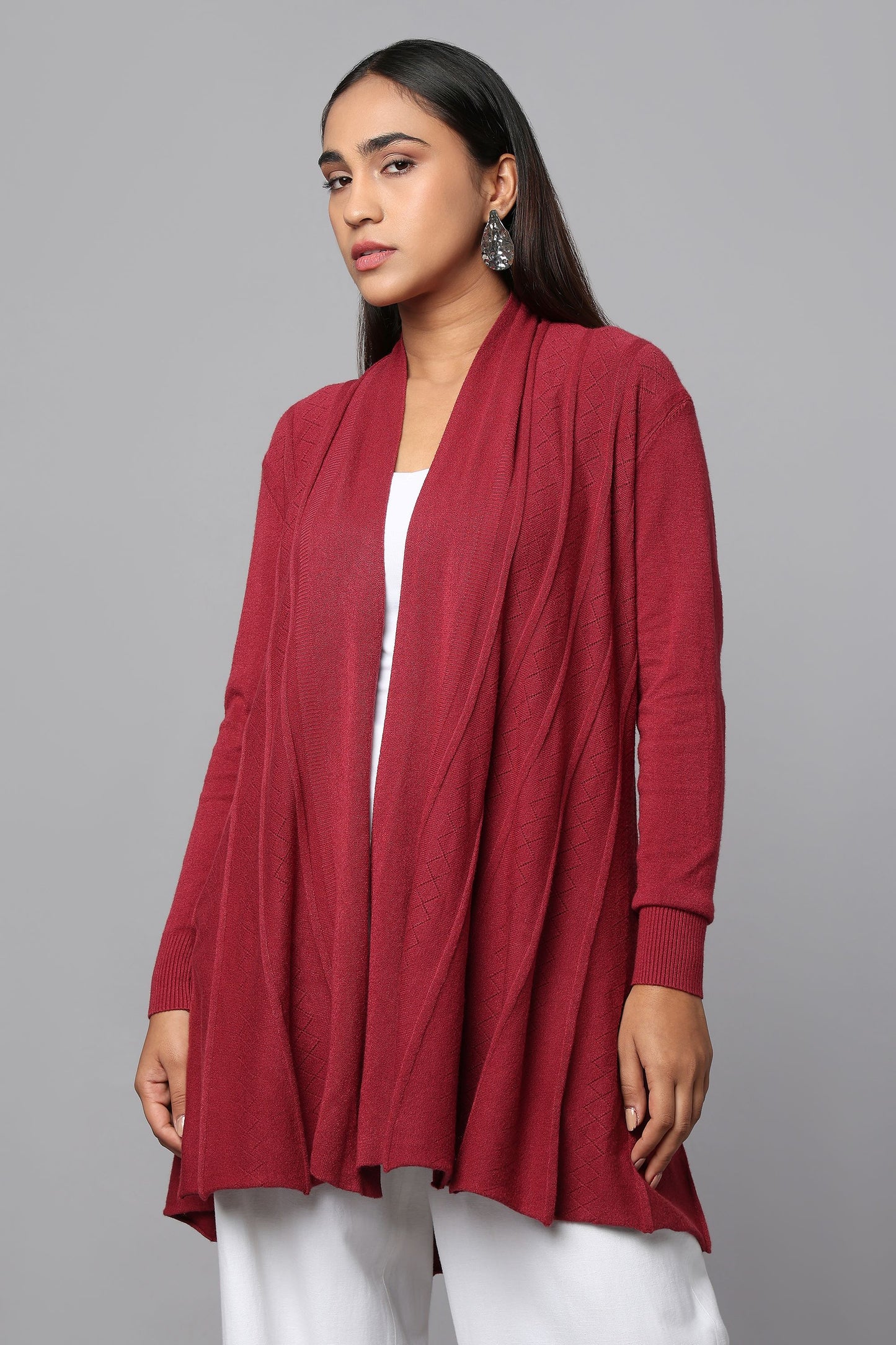 Diamond Knit Longline Cardigan - Maroon