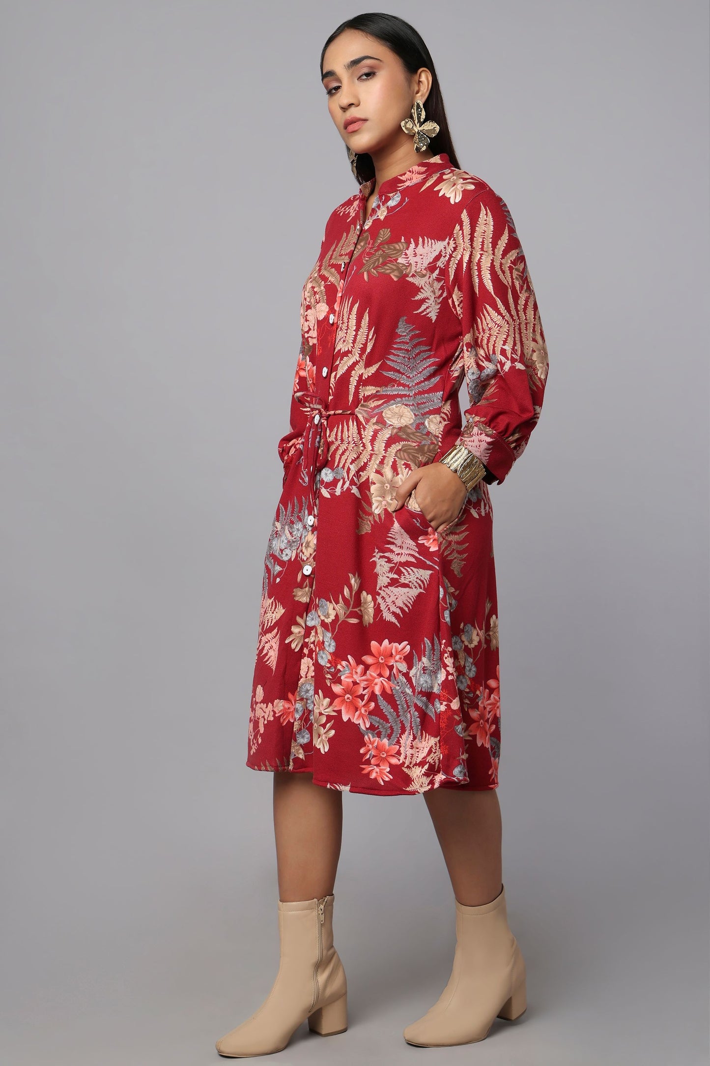 Red Printed Tie-Waist Shirt Dress
