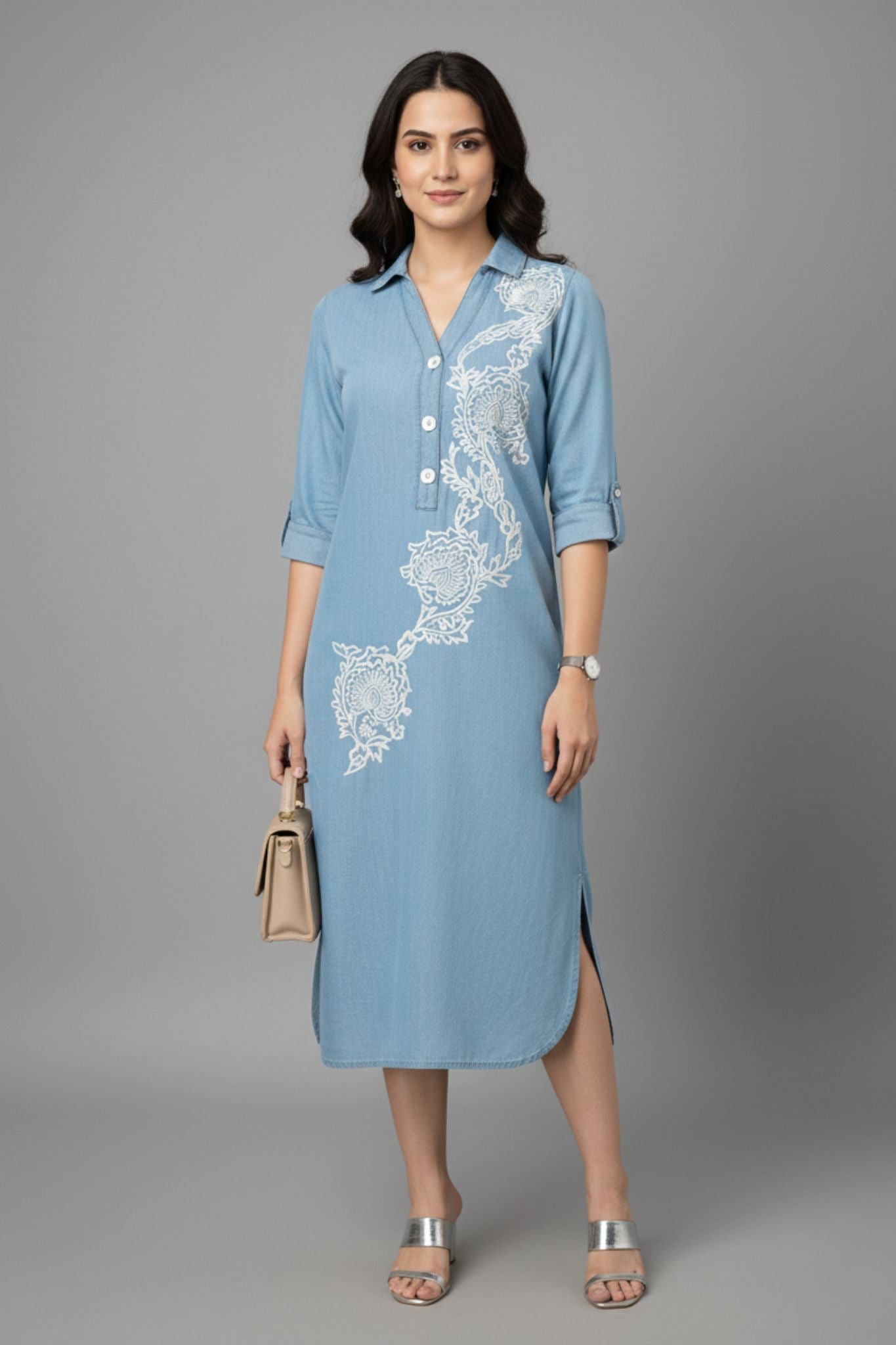 Embroidered Shirt Collar Midi Dress - Blue | Lyocell Denim