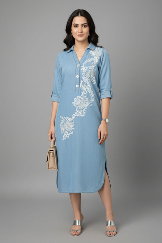Embroidered Shirt Collar Midi Dress - Blue | Lyocell Denim