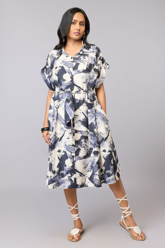 Abstract Belted Midi Dress - Multi | Viscose Blend